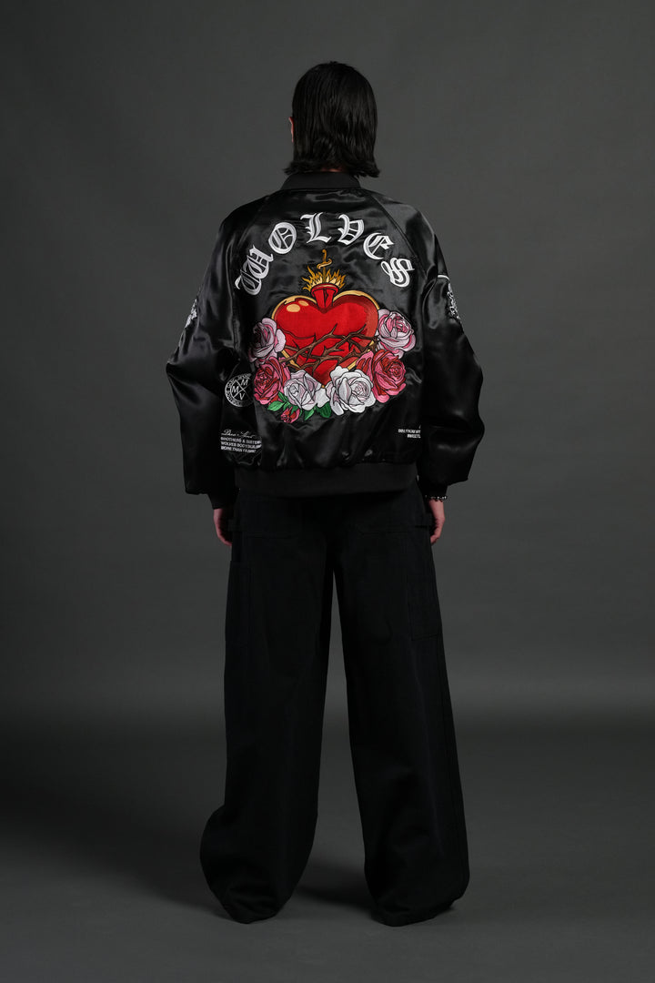 Last Love Unisex Cropped Satin Bomber Jacket in Black