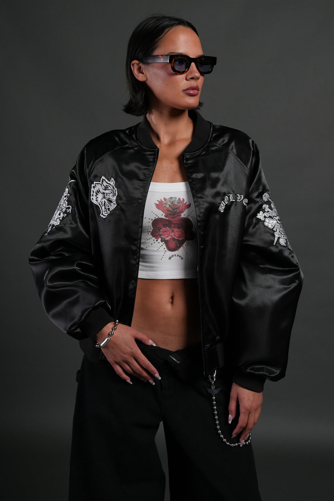 Last Love Unisex Cropped Satin Bomber Jacket in Black