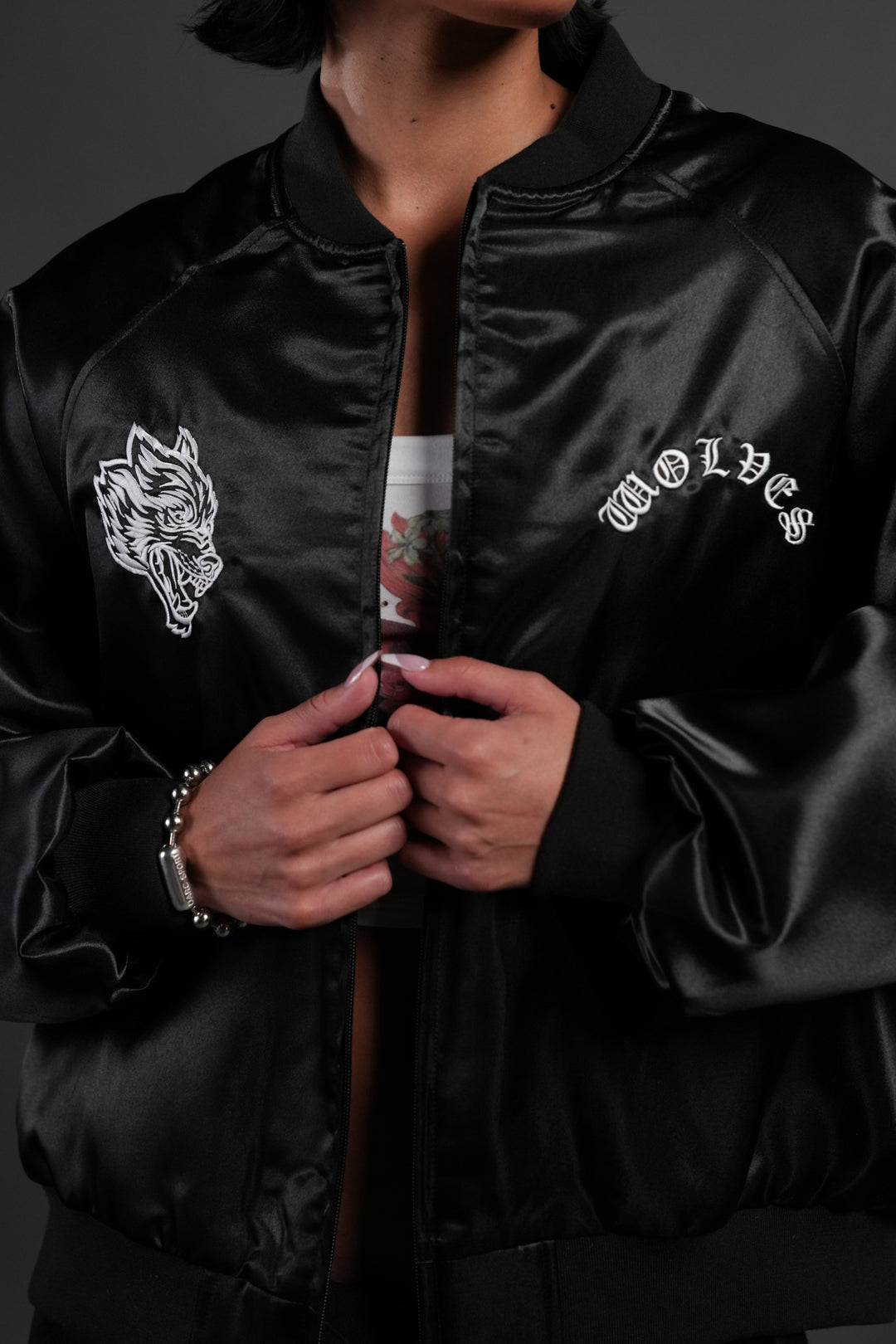 Last Love Unisex Cropped Satin Bomber Jacket in Black