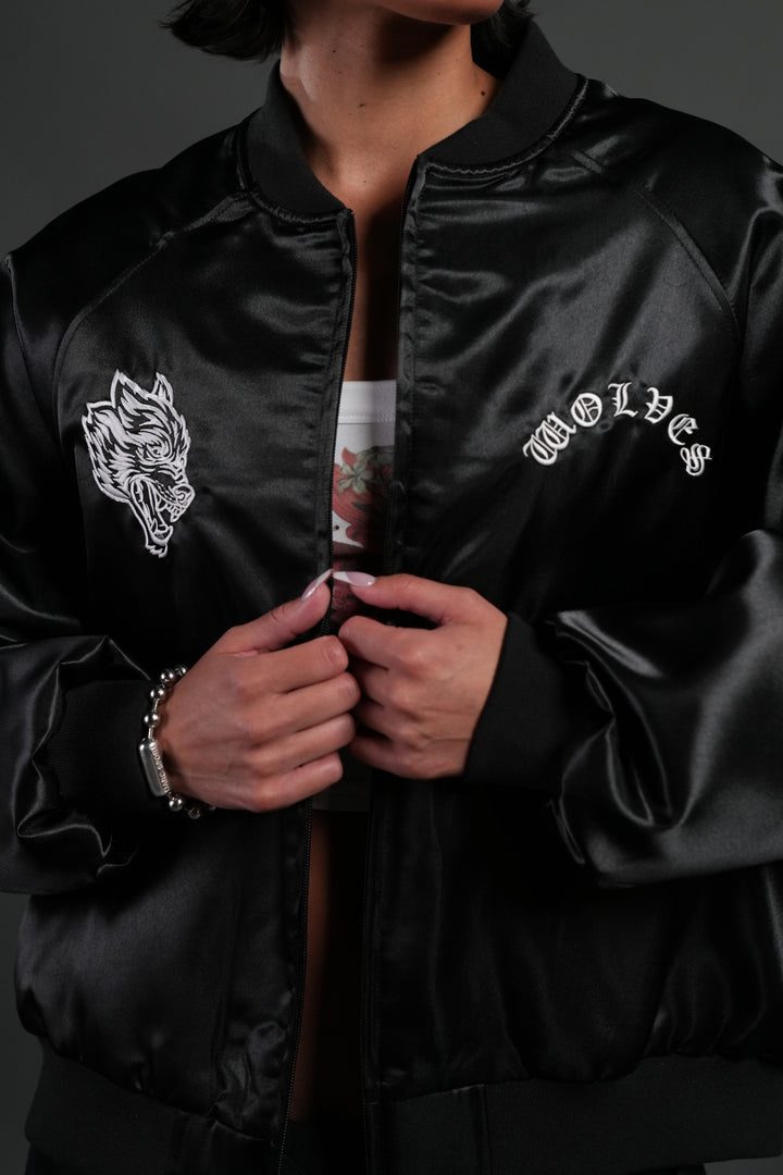 Last Love Unisex Cropped Satin Bomber Jacket in Black