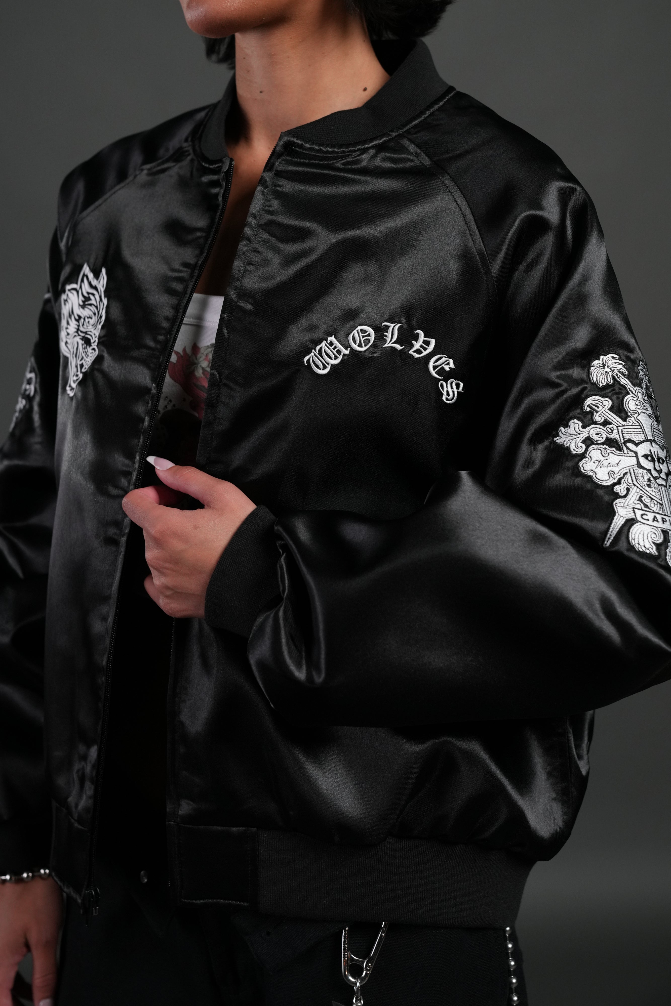Last Love Unisex Cropped Satin Bomber Jacket in Black