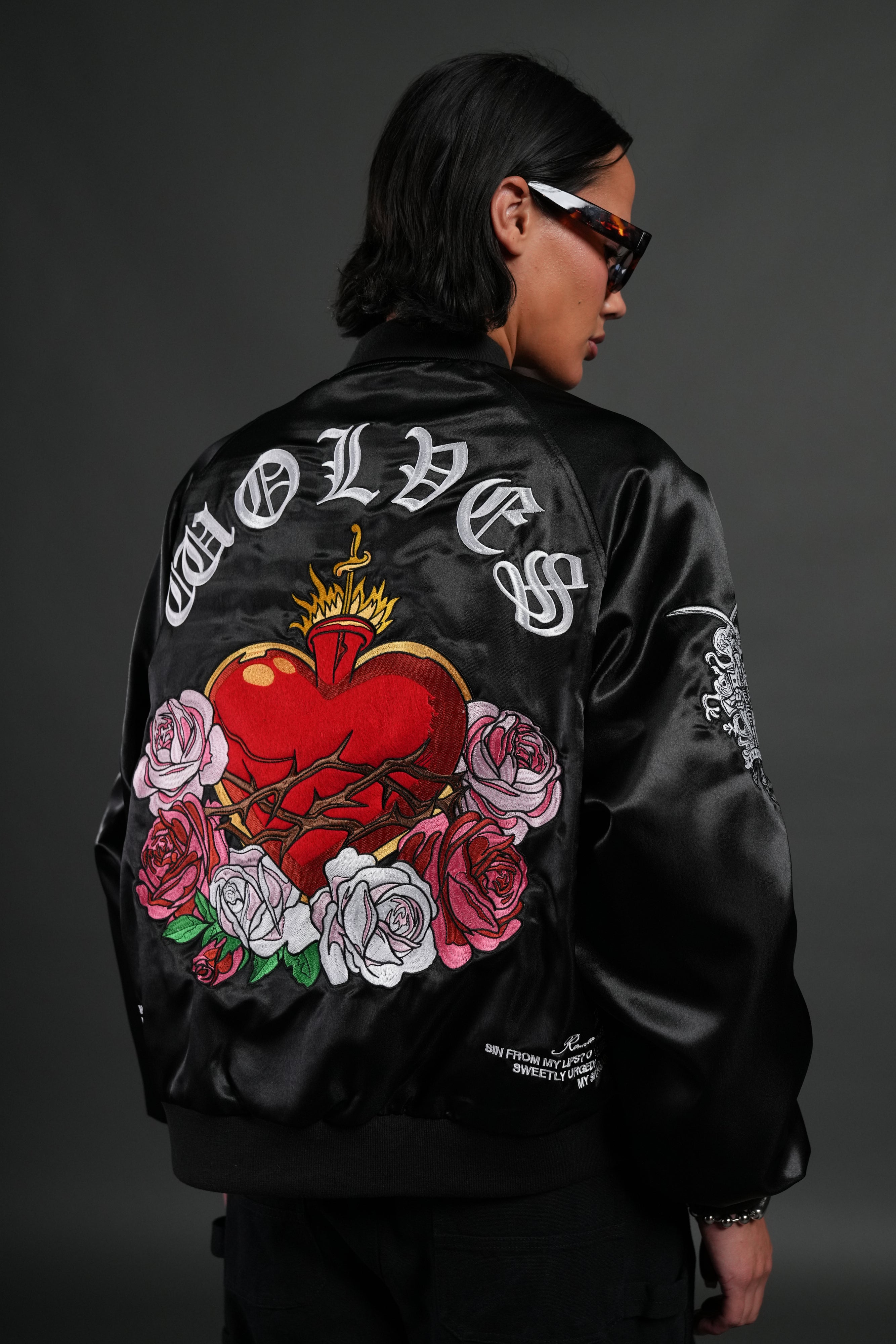 Last Love Unisex Cropped Satin Bomber Jacket in Black