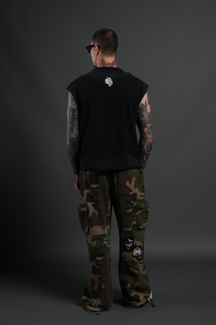 Hell is Real Distressed Grunge Mid-Length Raw Hem Muscle Tee in Black Drift Wash