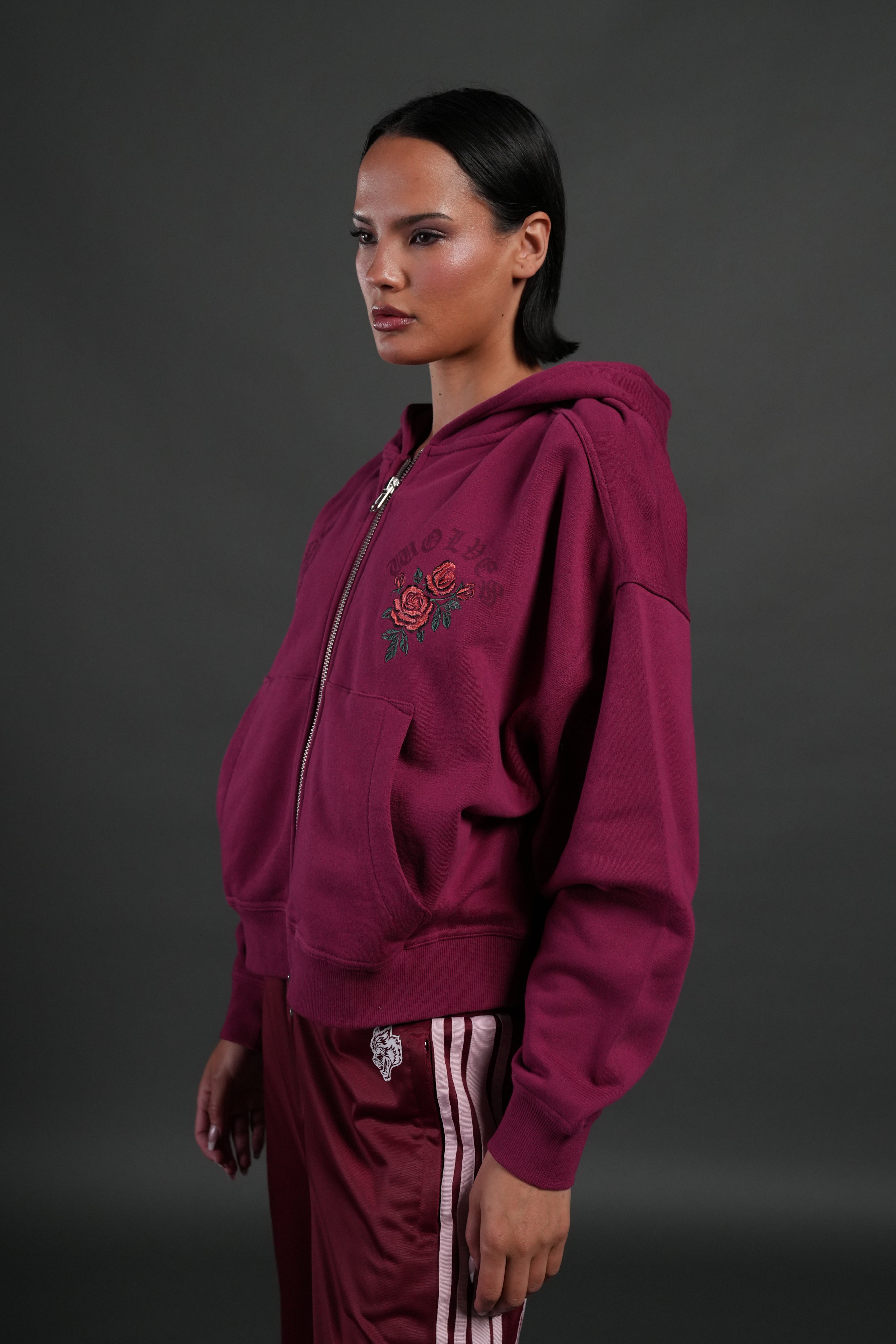 Love Story Vex Double Zip Hoodie in Deep Raspberry