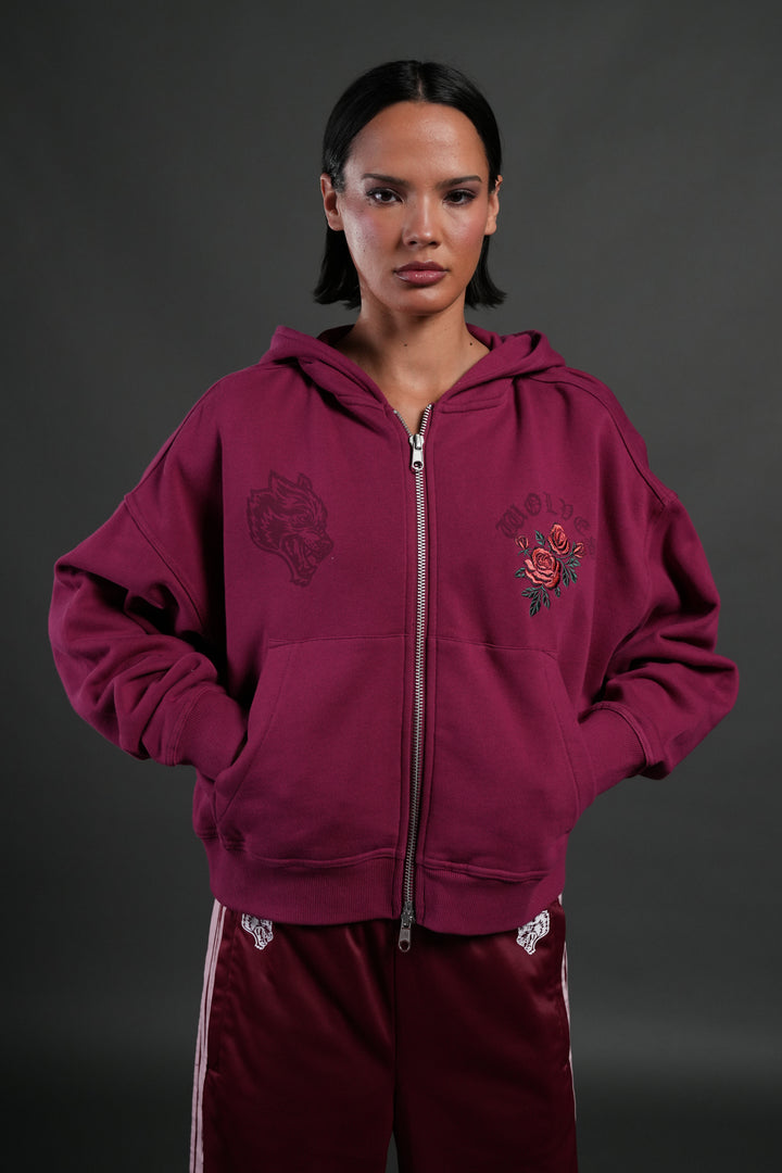 Love Story Vex Double Zip Hoodie in Deep Raspberry