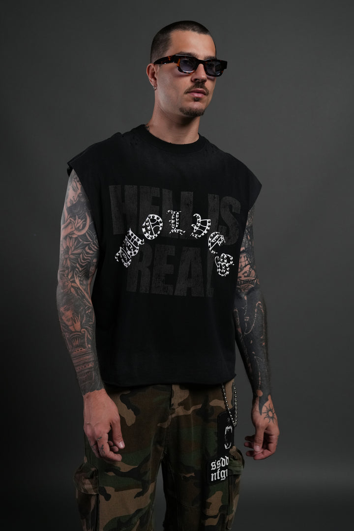 Hell is Real Distressed Grunge Mid-Length Raw Hem Muscle Tee in Black Drift Wash