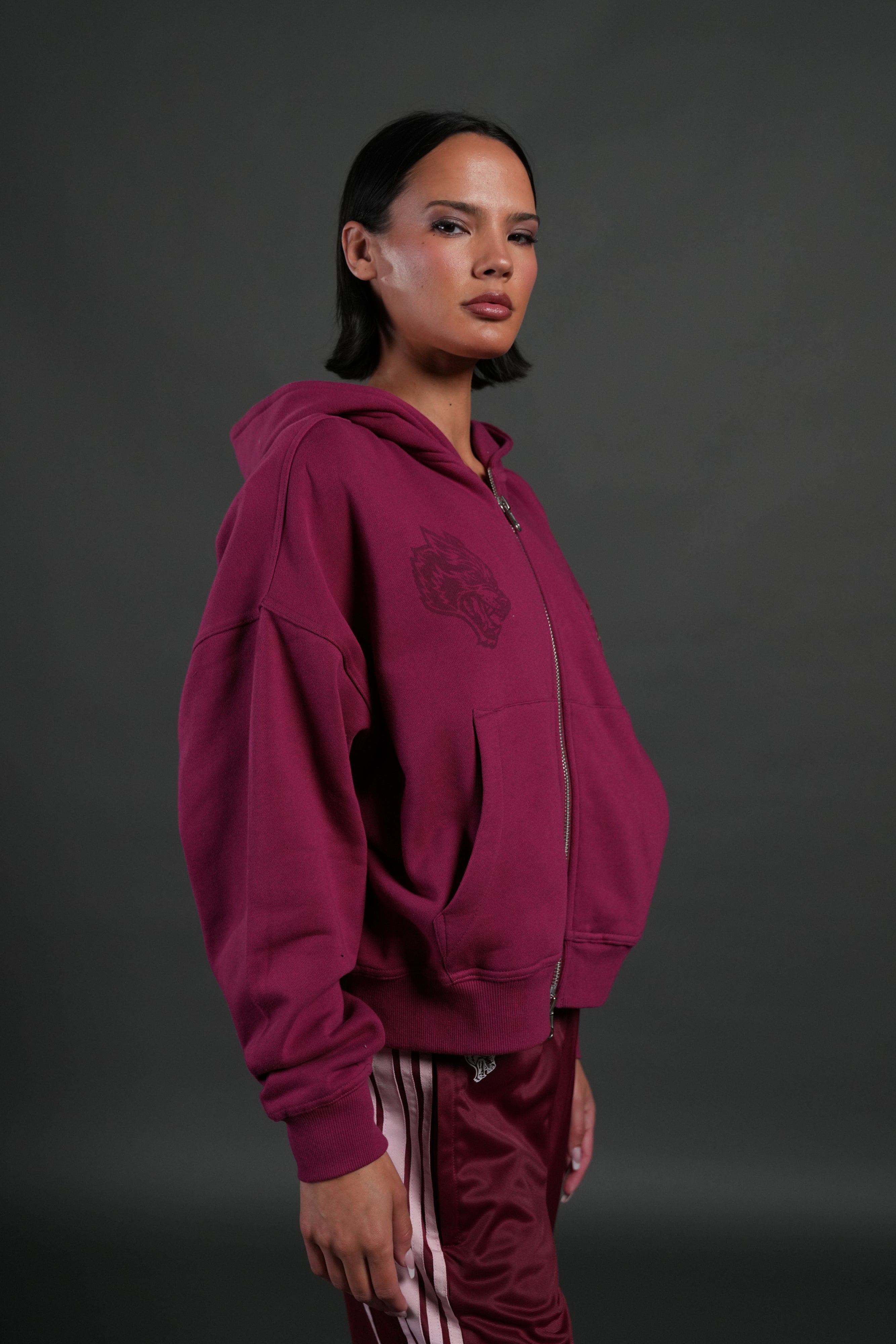 Love Story Vex Double Zip Hoodie in Deep Raspberry