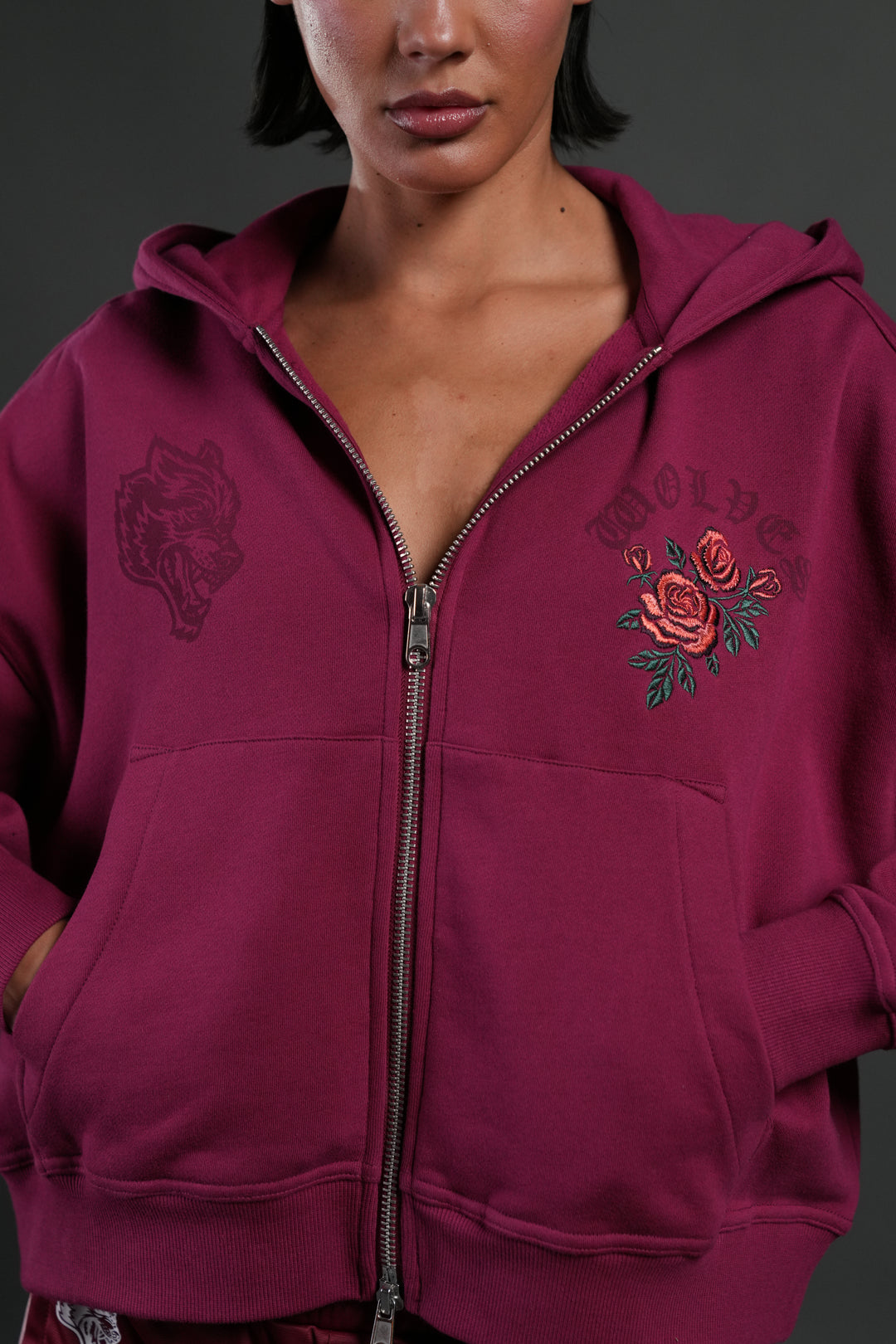 Love Story Vex Double Zip Hoodie in Deep Raspberry