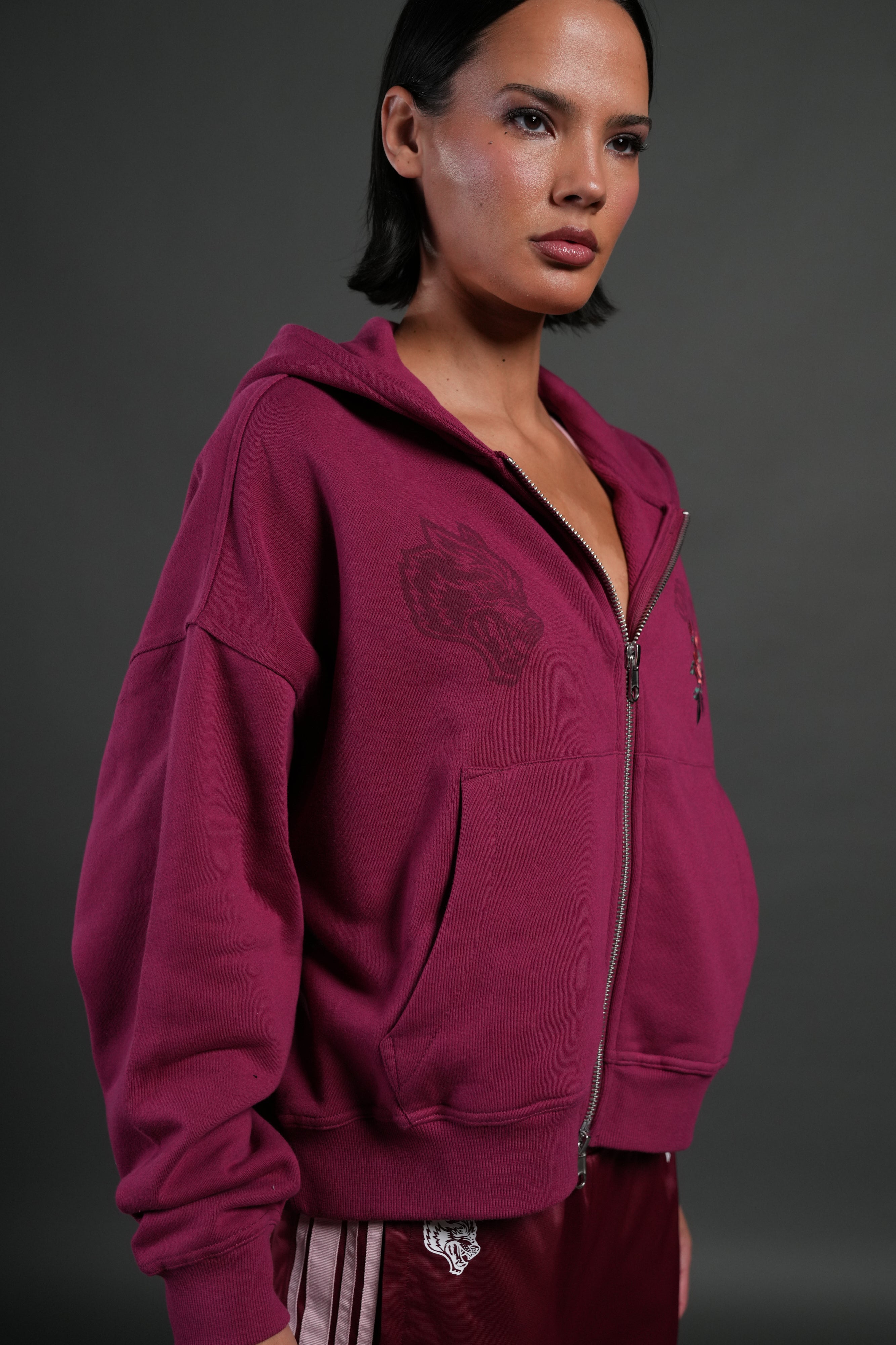 Love Story Vex Double Zip Hoodie in Deep Raspberry