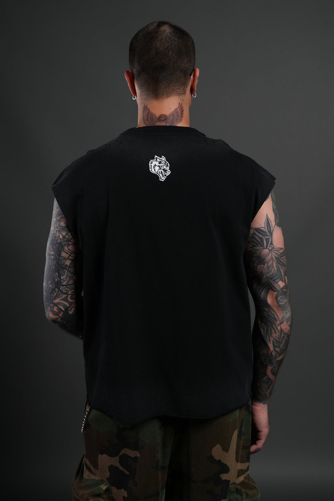 Hell is Real Distressed Grunge Mid-Length Raw Hem Muscle Tee in Black Drift Wash