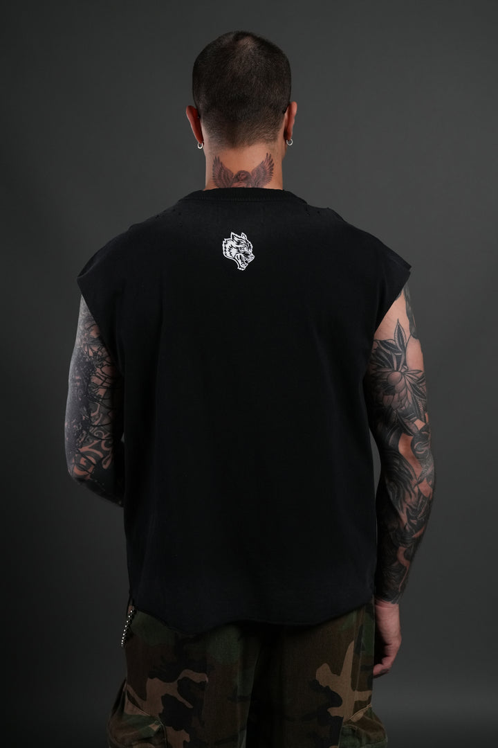 Hell is Real Distressed Grunge Mid-Length Raw Hem Muscle Tee in Black Drift Wash