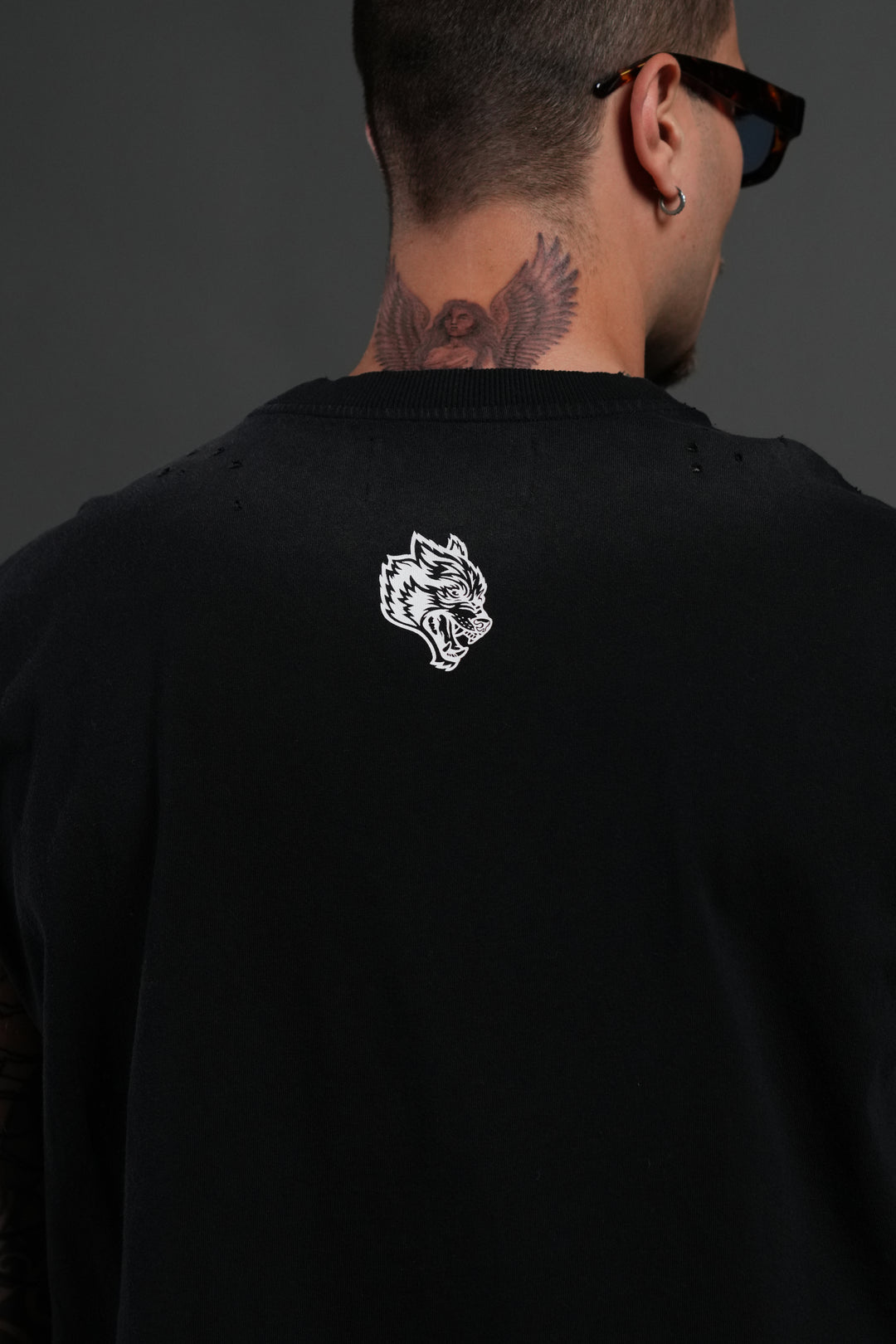 Hell is Real Distressed Grunge Mid-Length Raw Hem Muscle Tee in Black Drift Wash