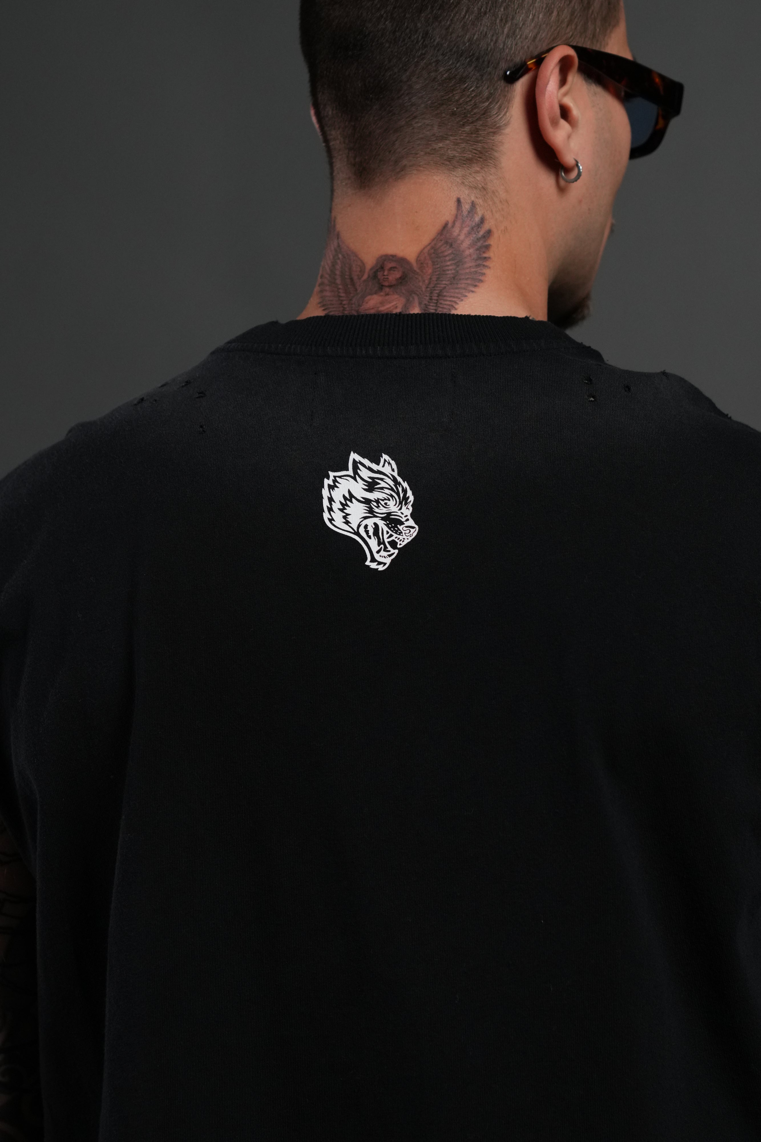 Hell is Real Distressed Grunge Mid-Length Raw Hem Muscle Tee in Black Drift Wash