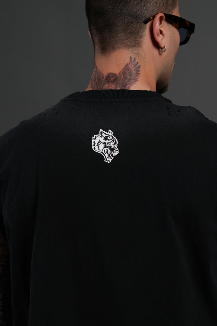 Hell is Real Distressed Grunge Mid-Length Raw Hem Muscle Tee in Black Drift Wash