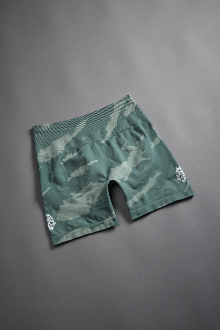 Dual Wolf Everson Seamless "Training" Shorts in Hunter Green Native Camo