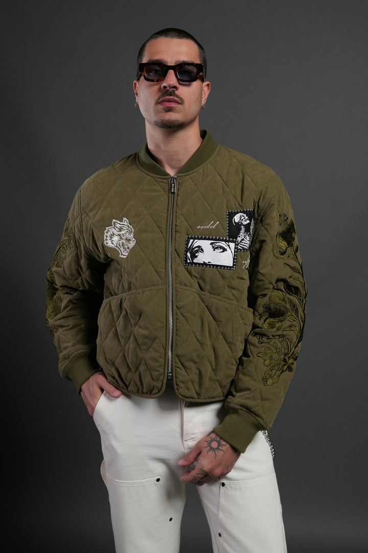 Sacred Wolves Boxy Darco Quilted Jacket in Olive