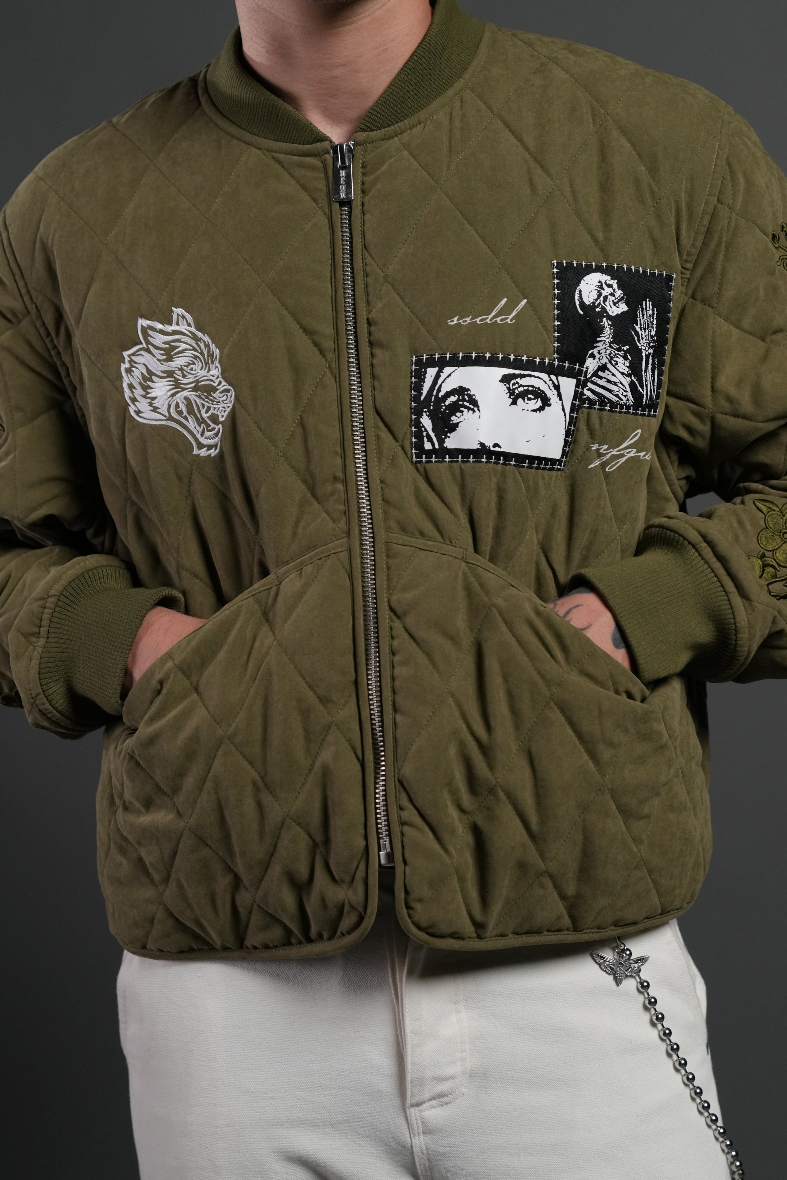 Sacred Wolves Boxy Darco Quilted Jacket in Olive