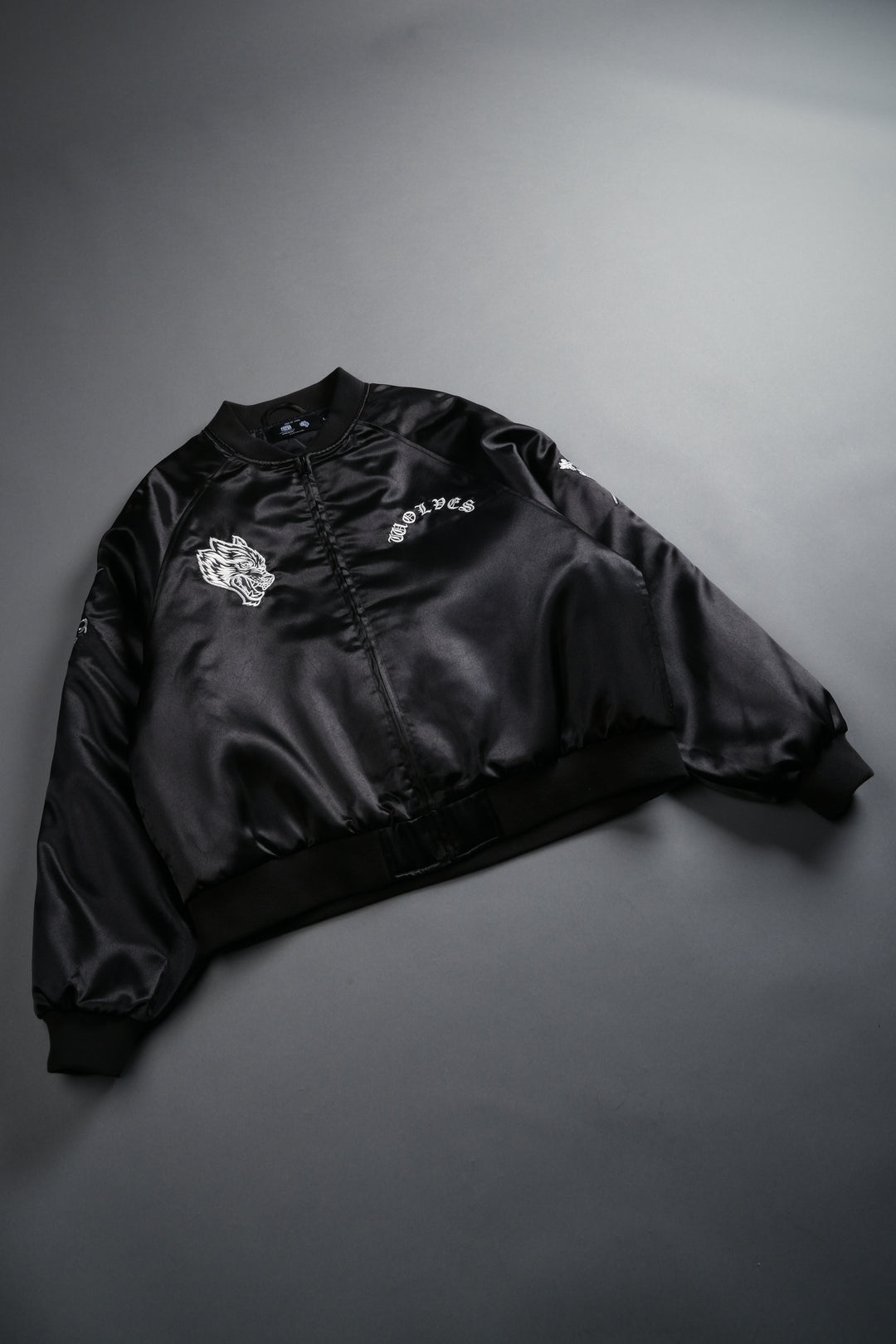 Last Love Unisex Cropped Satin Bomber Jacket in Black
