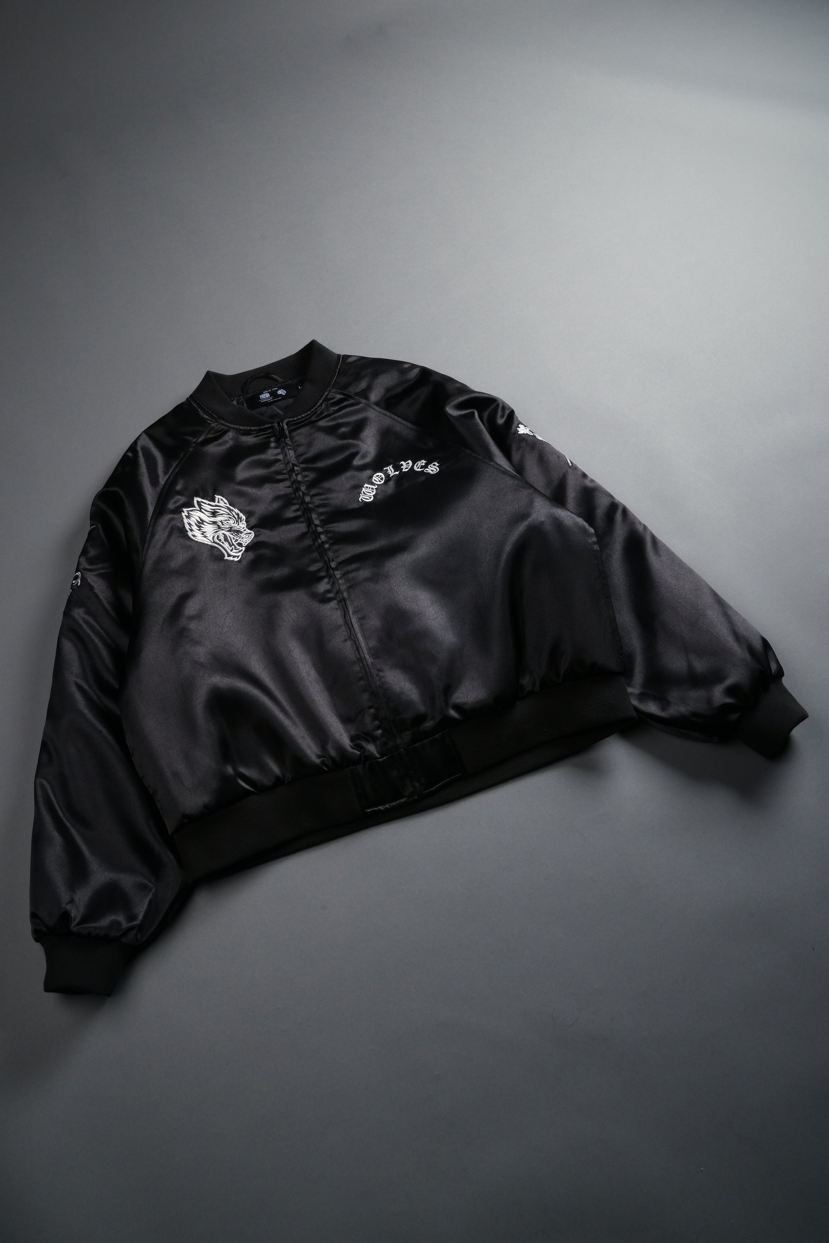Last Love Unisex Cropped Satin Bomber Jacket in Black