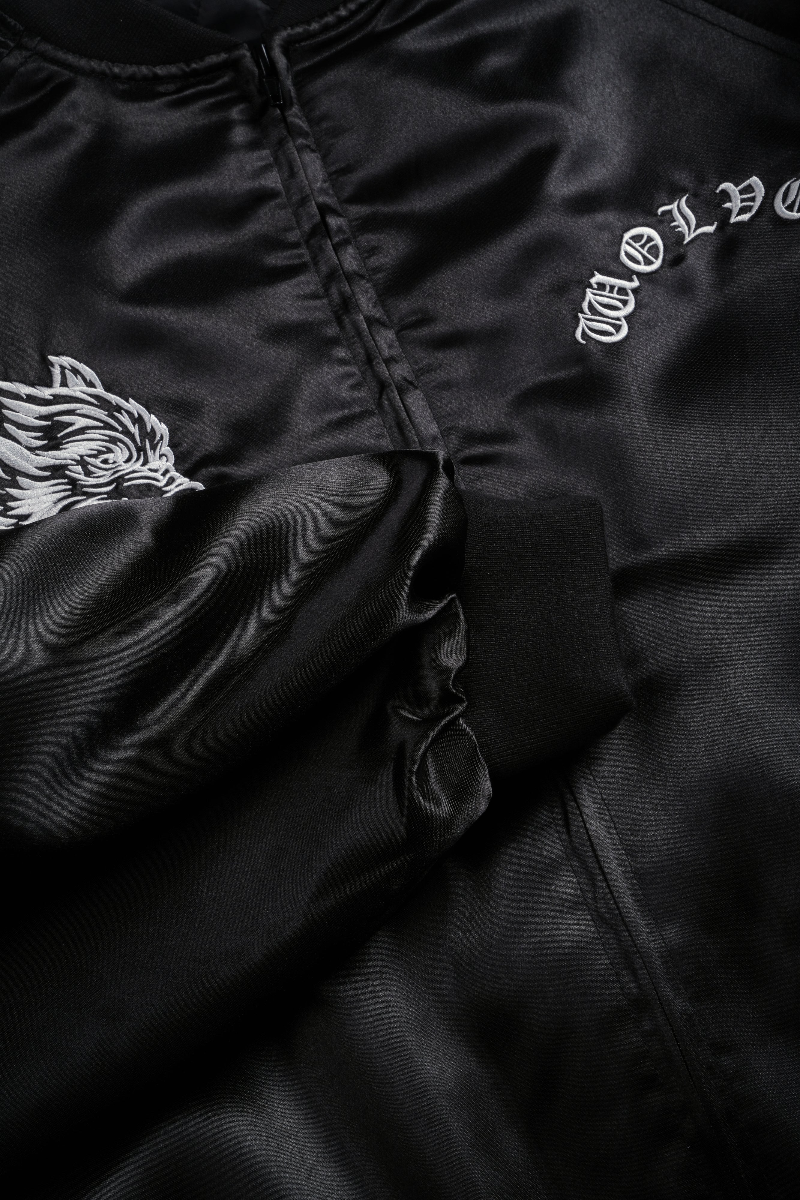 Last Love Unisex Cropped Satin Bomber Jacket in Black