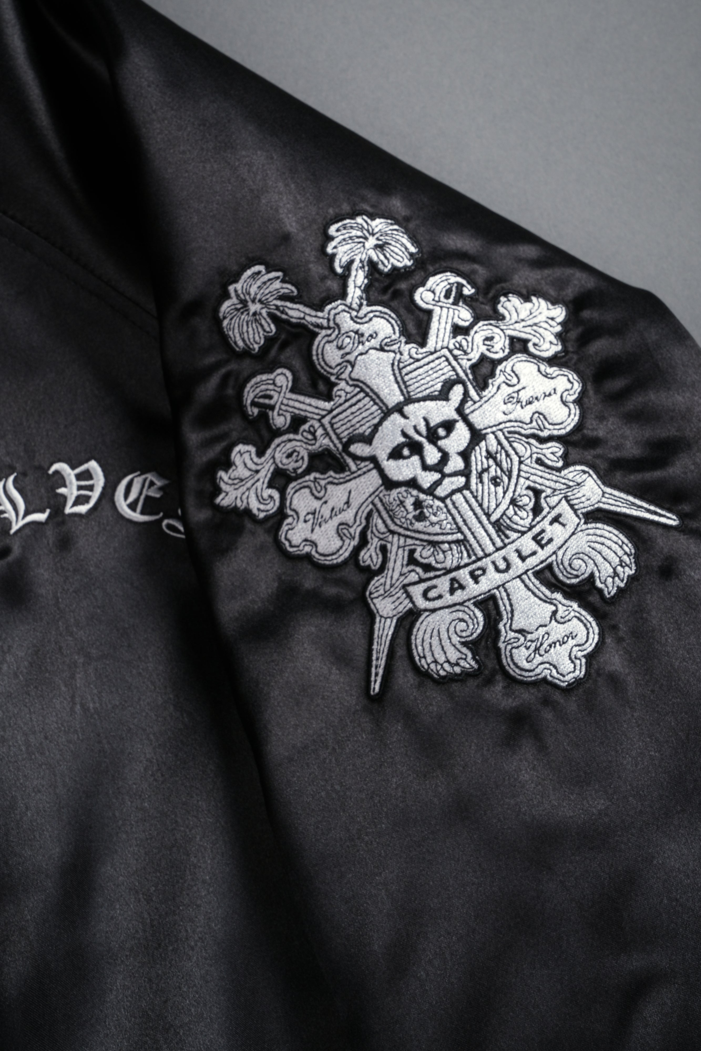 Last Love Unisex Cropped Satin Bomber Jacket in Black