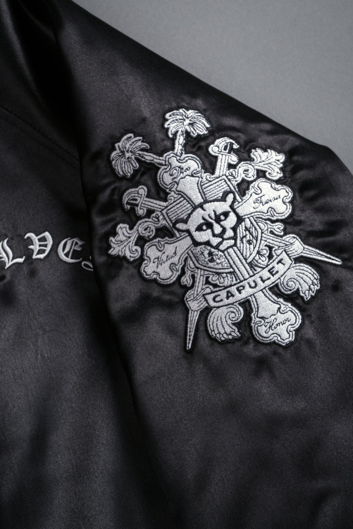 Last Love Unisex Cropped Satin Bomber Jacket in Black