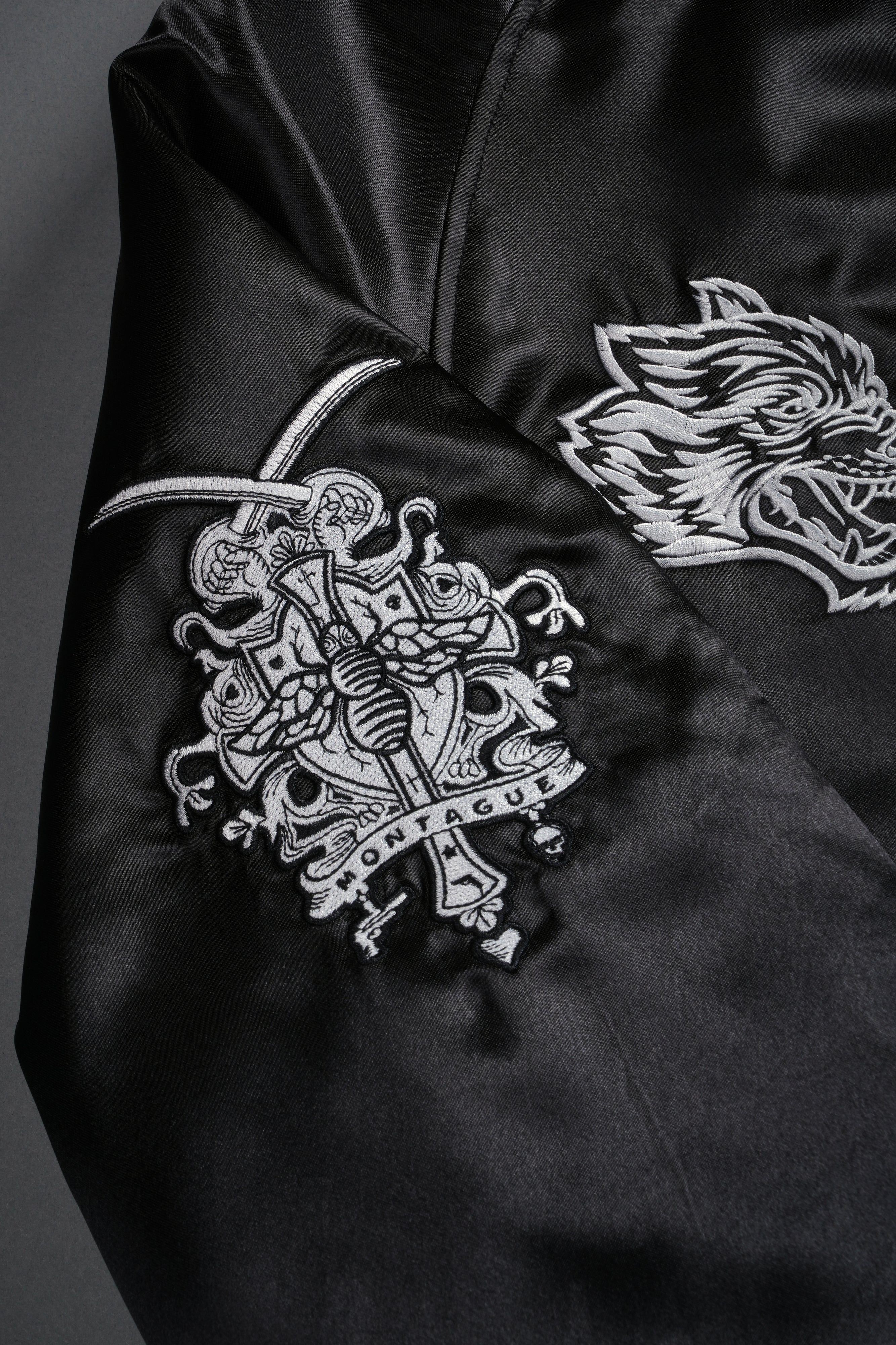 Last Love Unisex Cropped Satin Bomber Jacket in Black