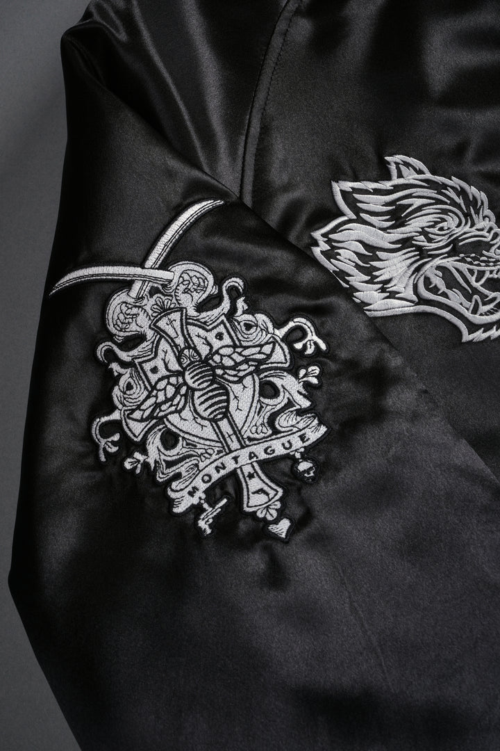 Last Love Unisex Cropped Satin Bomber Jacket in Black