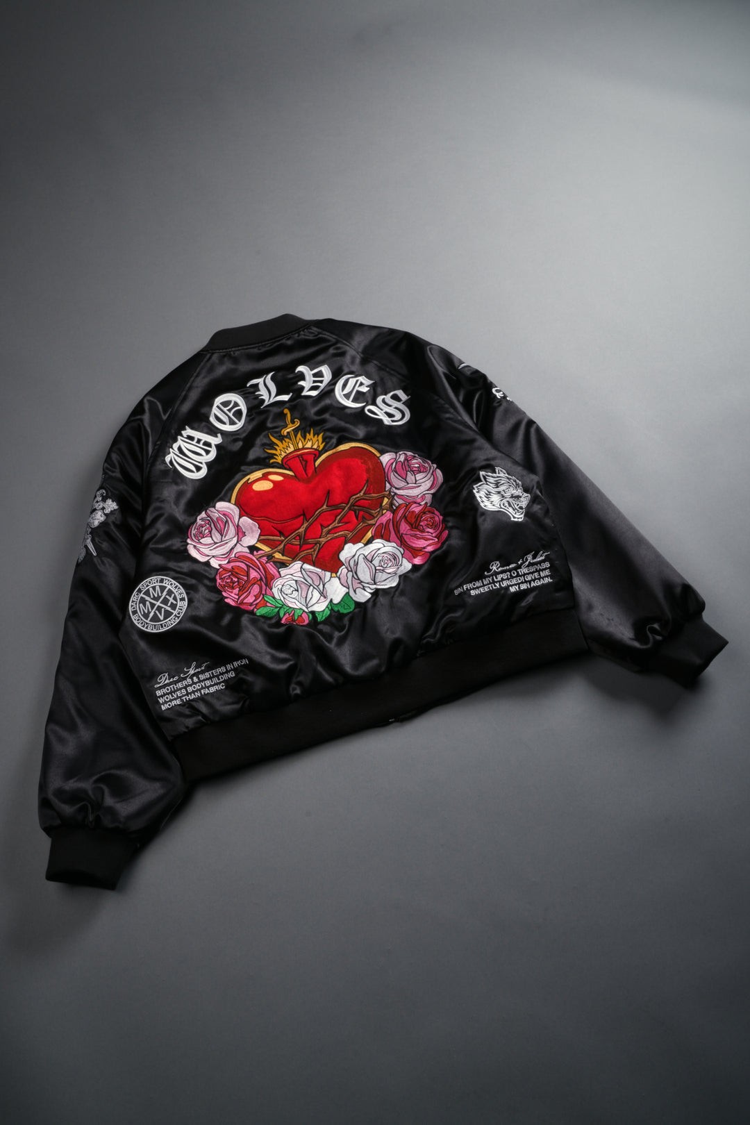 Last Love Unisex Cropped Satin Bomber Jacket in Black