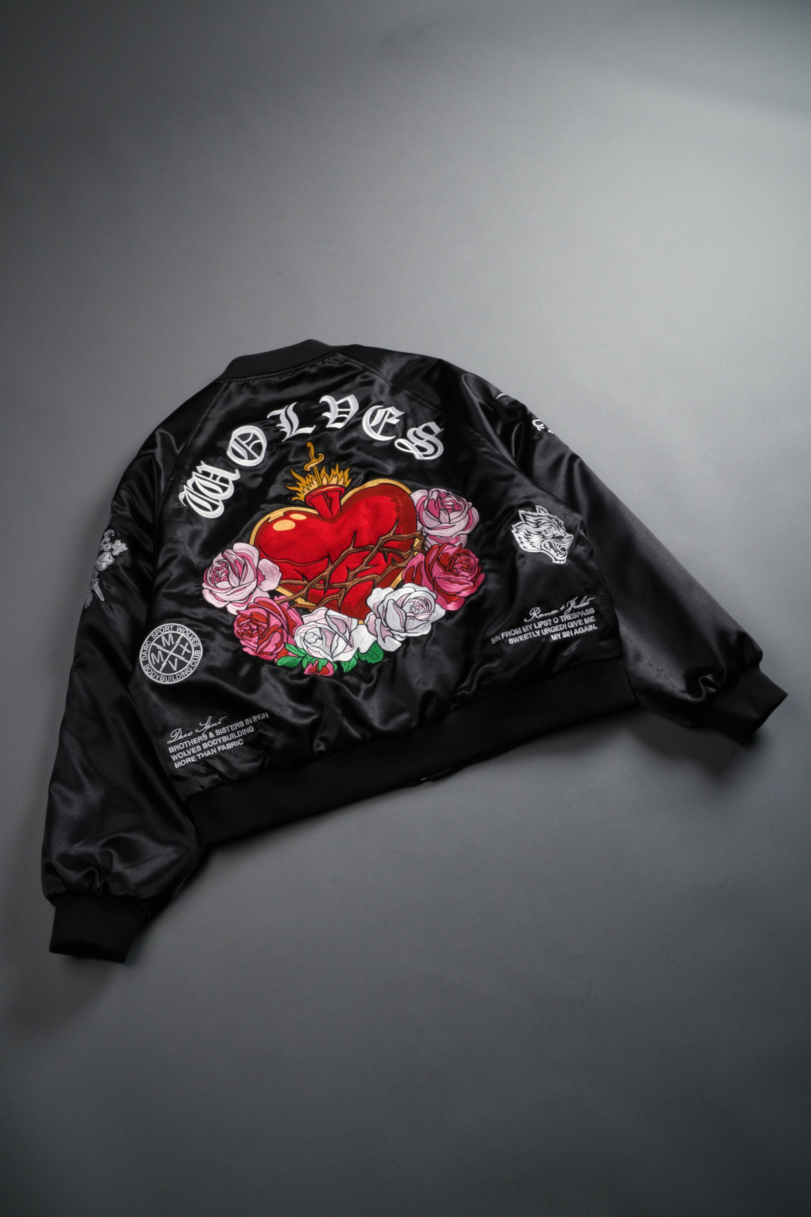 Last Love Unisex Cropped Satin Bomber Jacket in Black