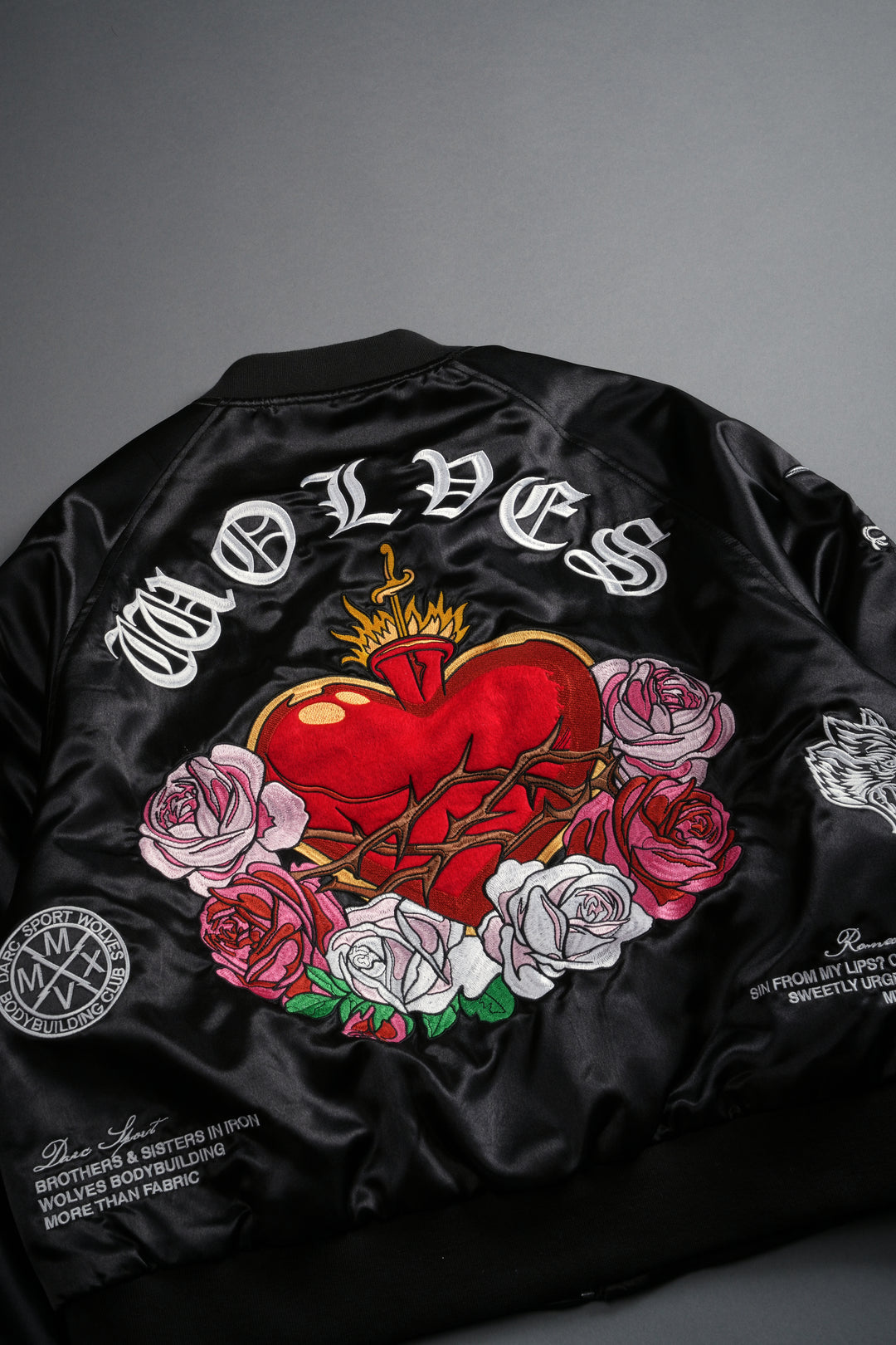 Last Love Unisex Cropped Satin Bomber Jacket in Black