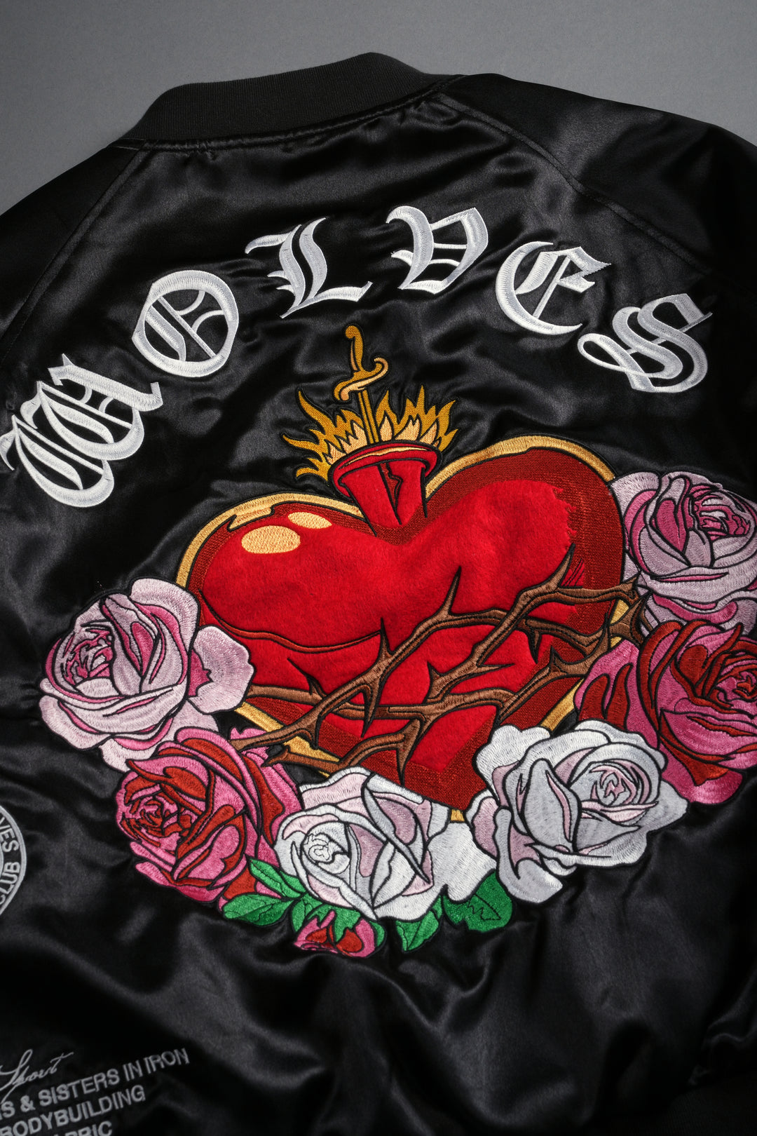 Last Love Unisex Cropped Satin Bomber Jacket in Black