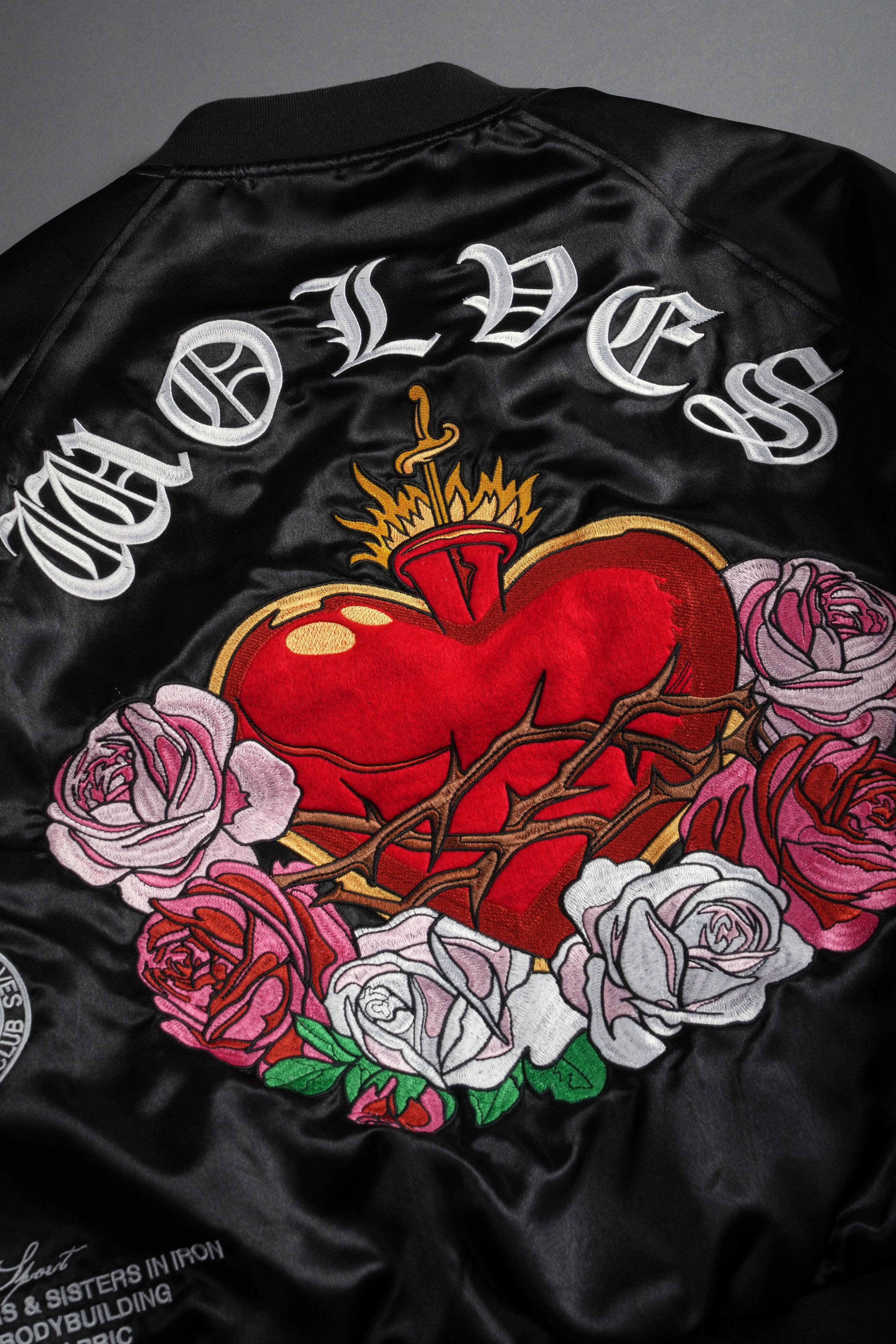 Last Love Unisex Cropped Satin Bomber Jacket in Black