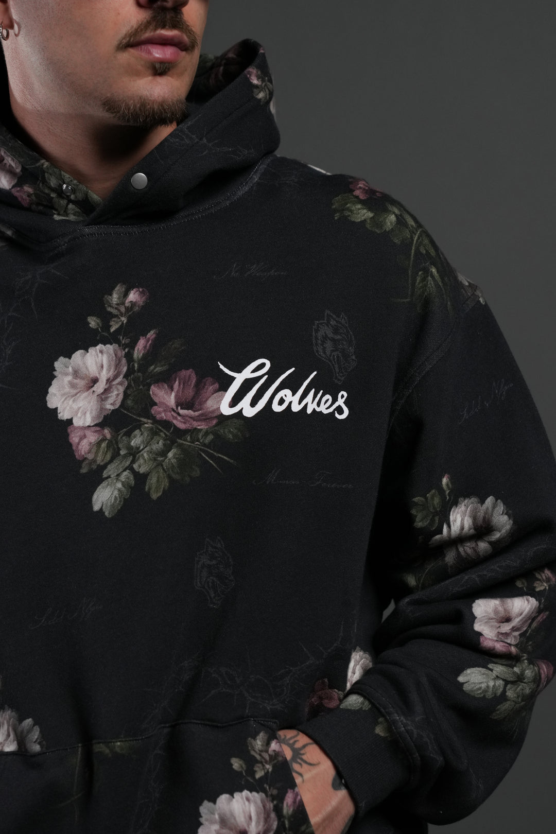 Wolves Script "Pierce" Hoodie in Black Rose Thorn