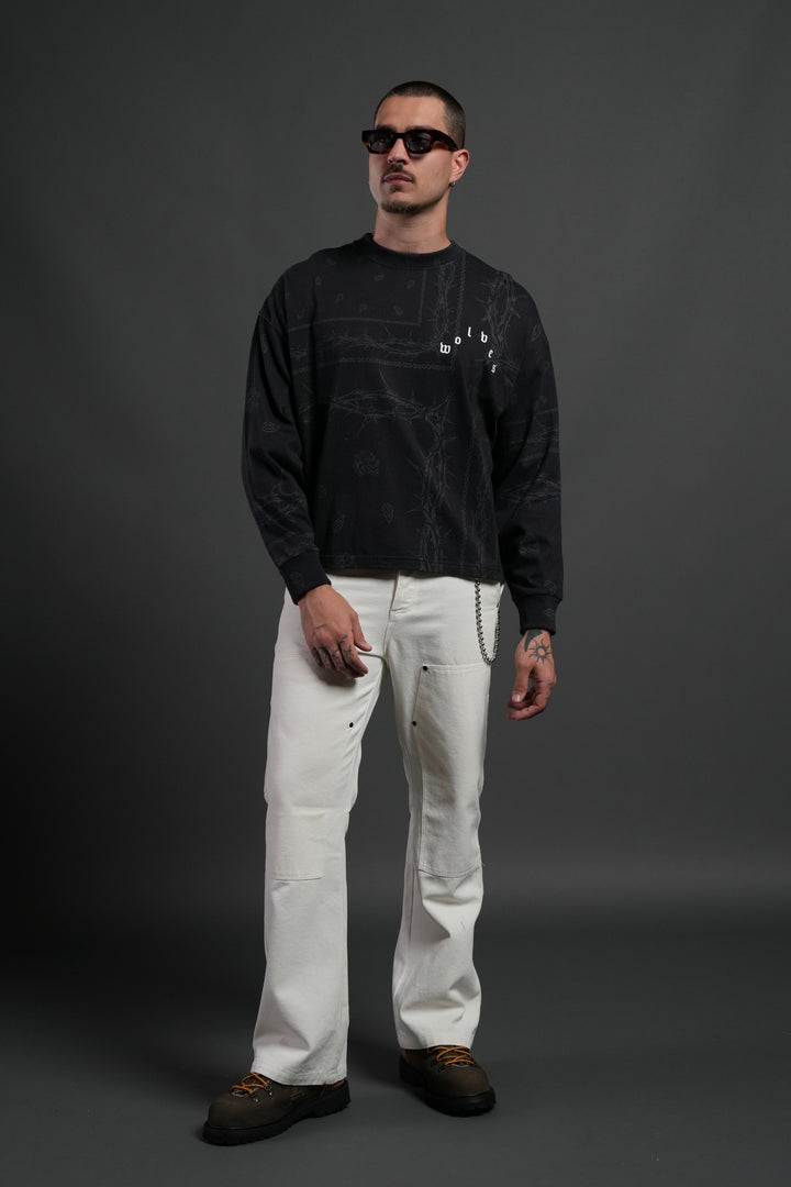 Wolves Pyramid Grunge "Box Cut" L/S Tee in Black Thorn Paisley