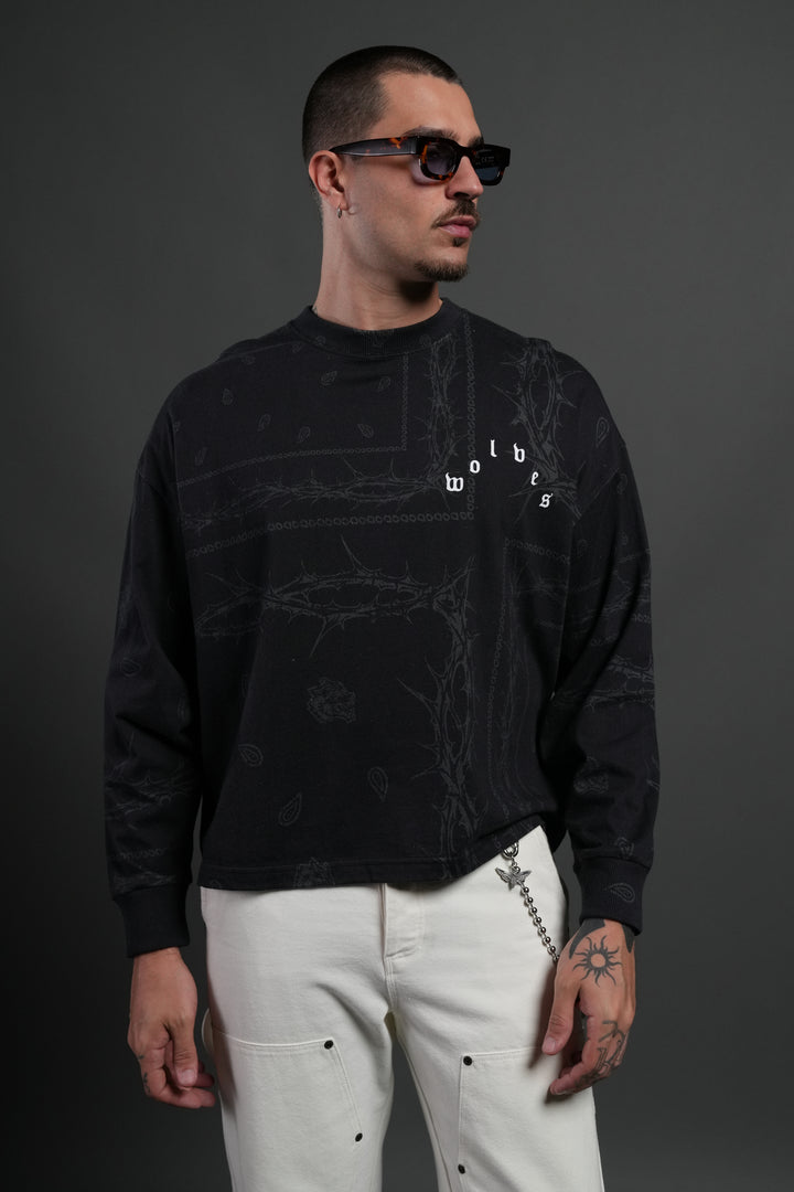 Wolves Pyramid Grunge "Box Cut" L/S Tee in Black Thorn Paisley