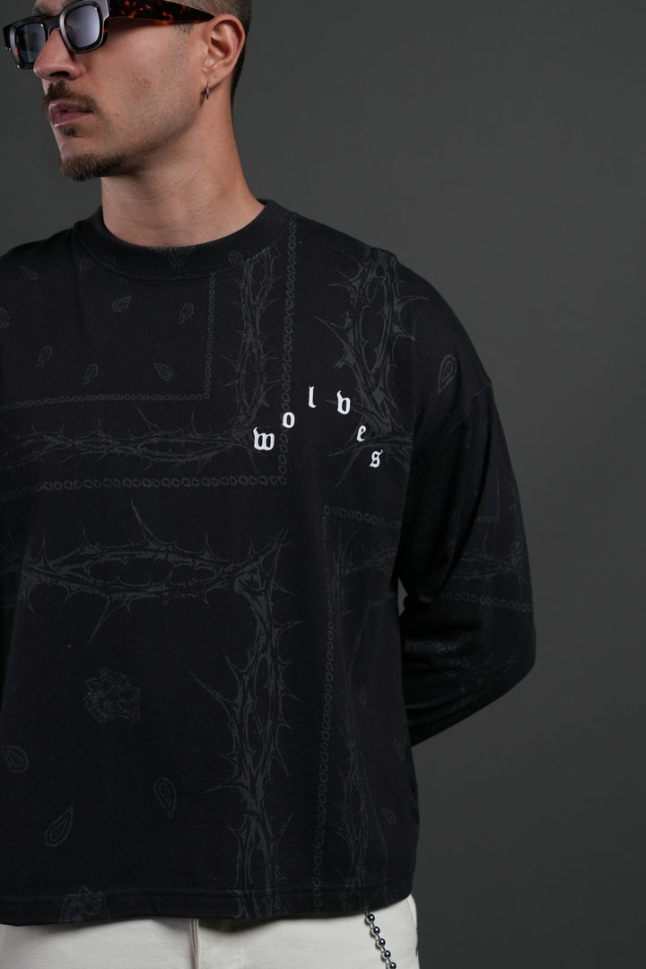 Wolves Pyramid Grunge "Box Cut" L/S Tee in Black Thorn Paisley