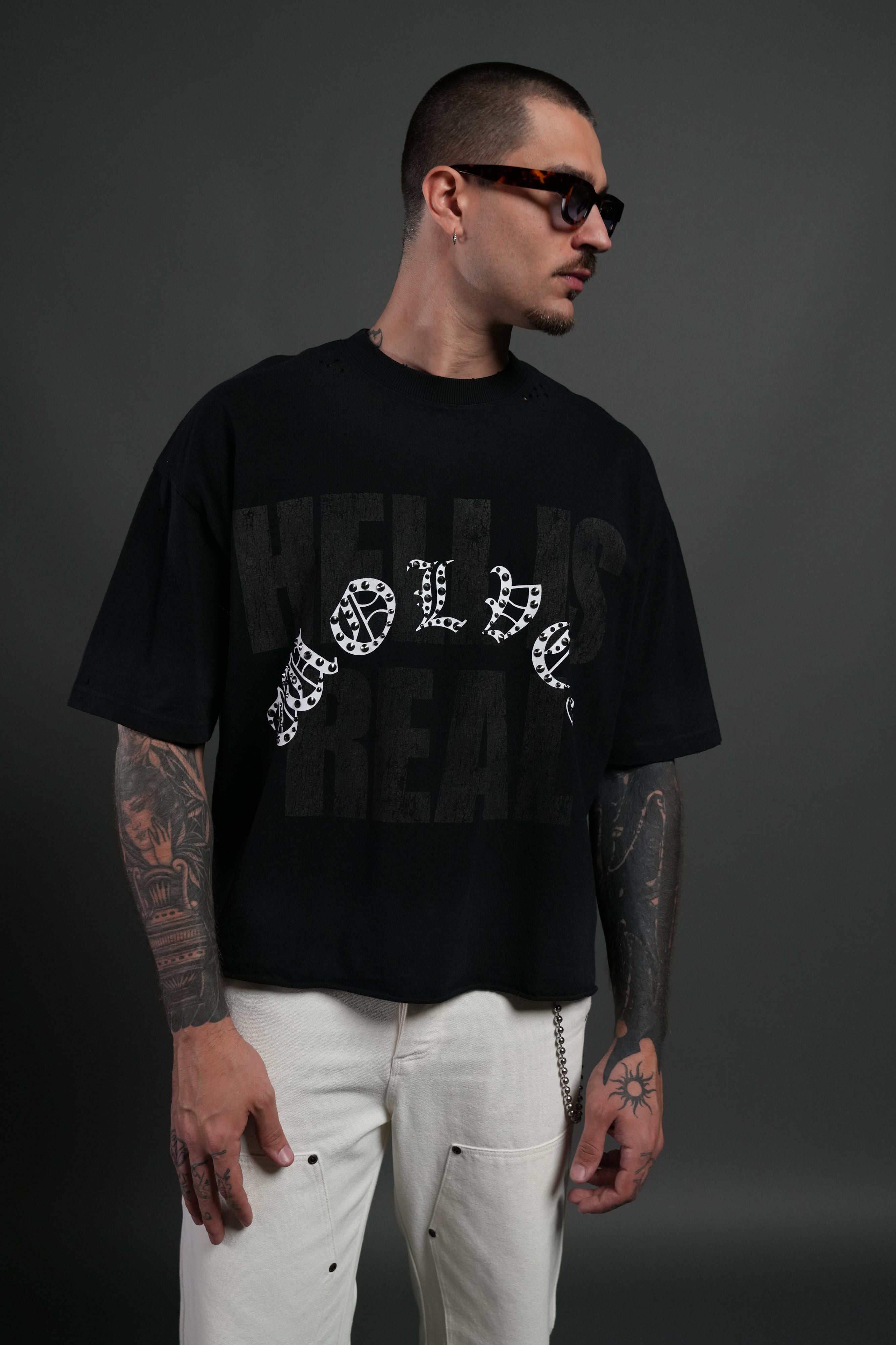 Hell is Real Distressed Grunge "Box Cut" Tee V2 in Black Drift Wash