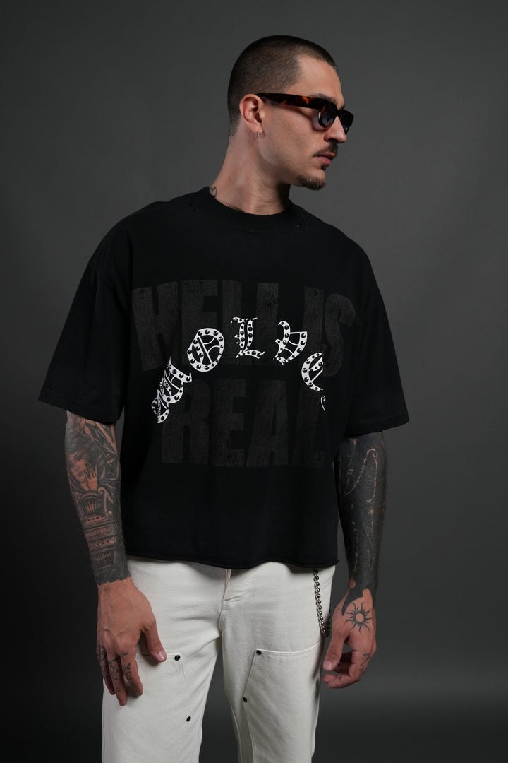 Hell is Real Distressed Grunge "Box Cut" Tee V2 in Black Drift Wash