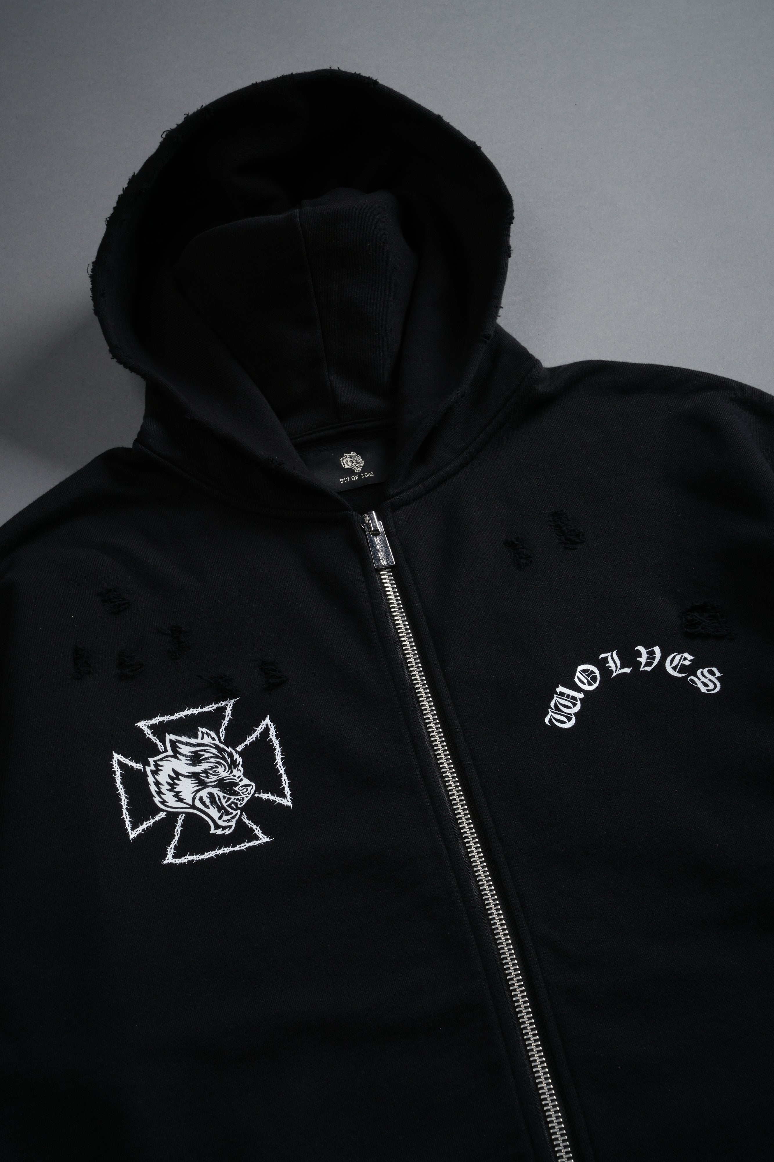 Ascend Distressed Grunge Mid Length Raw Hem Zip Hoodie in Black