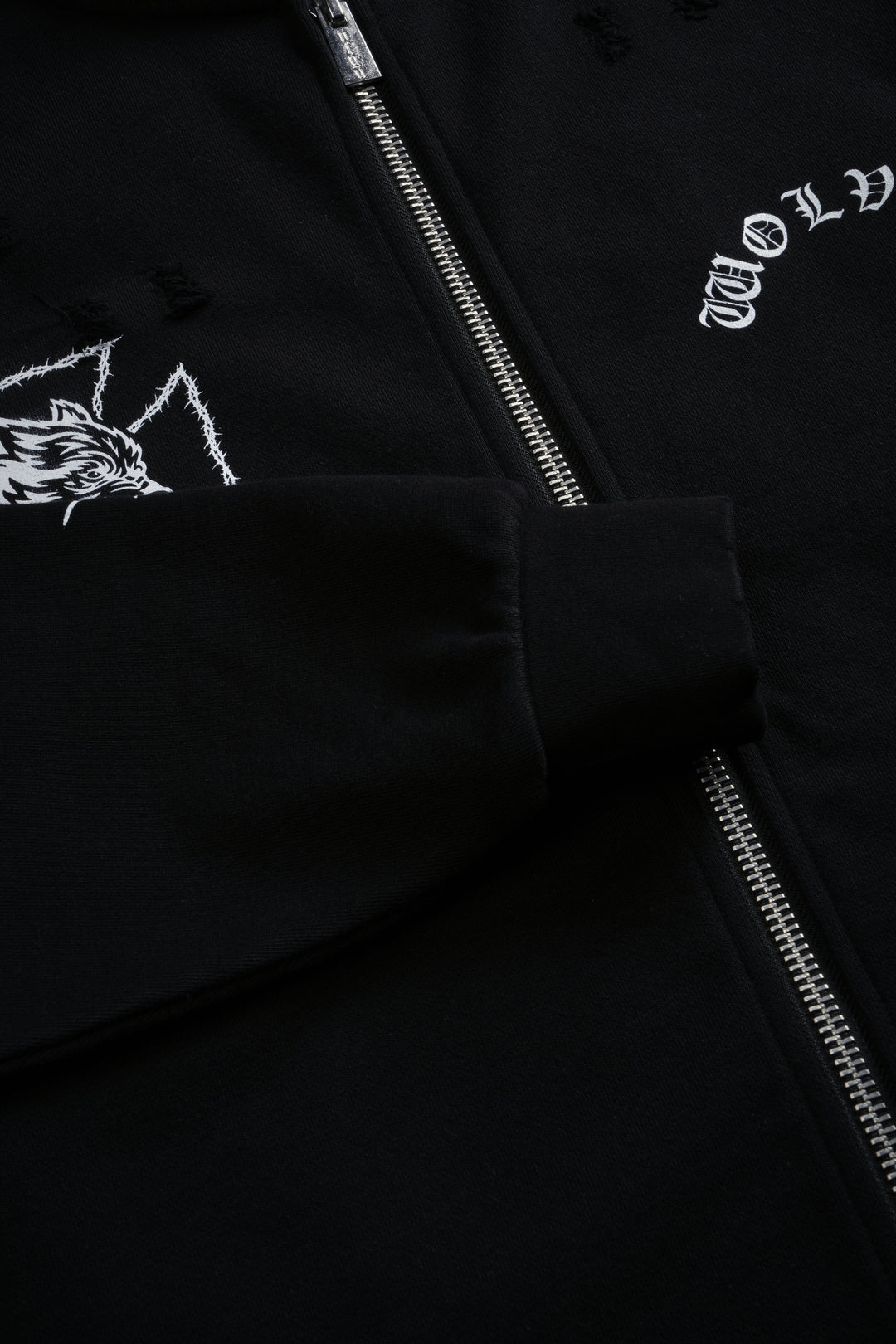 Ascend Distressed Grunge Mid Length Raw Hem Zip Hoodie in Black