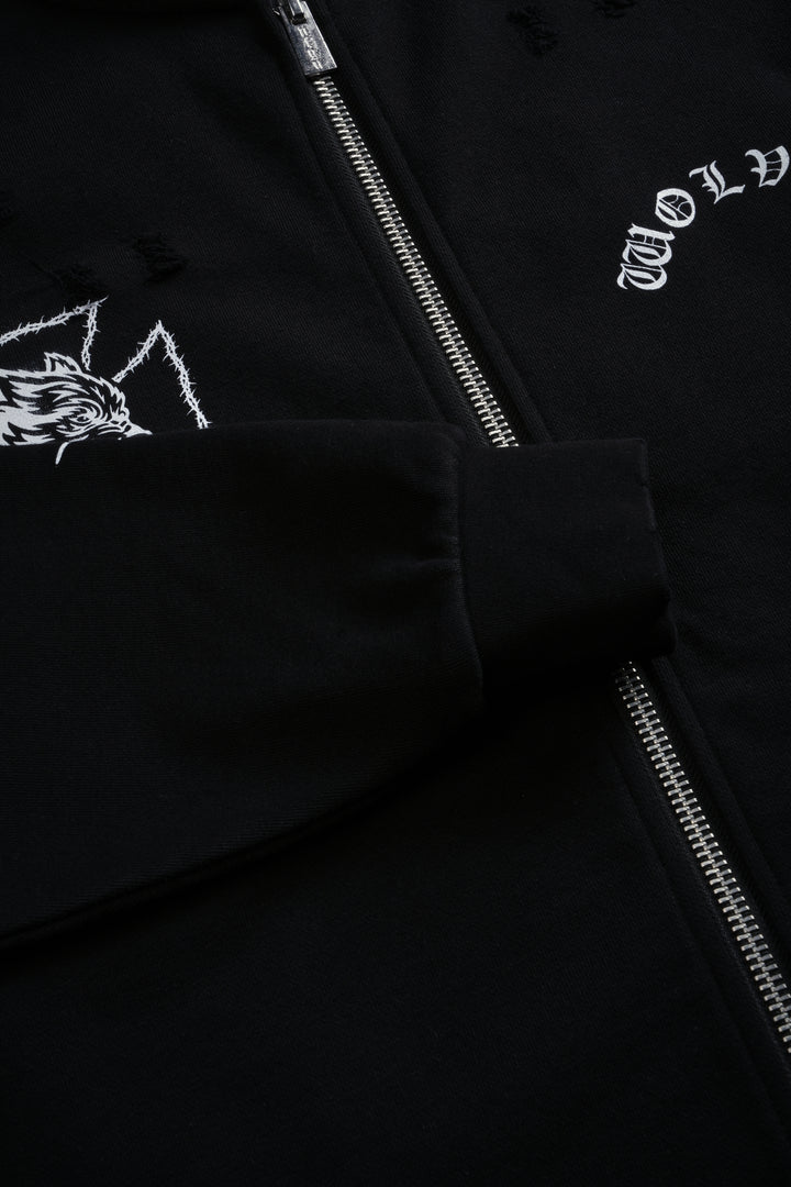 Ascend Distressed Grunge Mid Length Raw Hem Zip Hoodie in Black