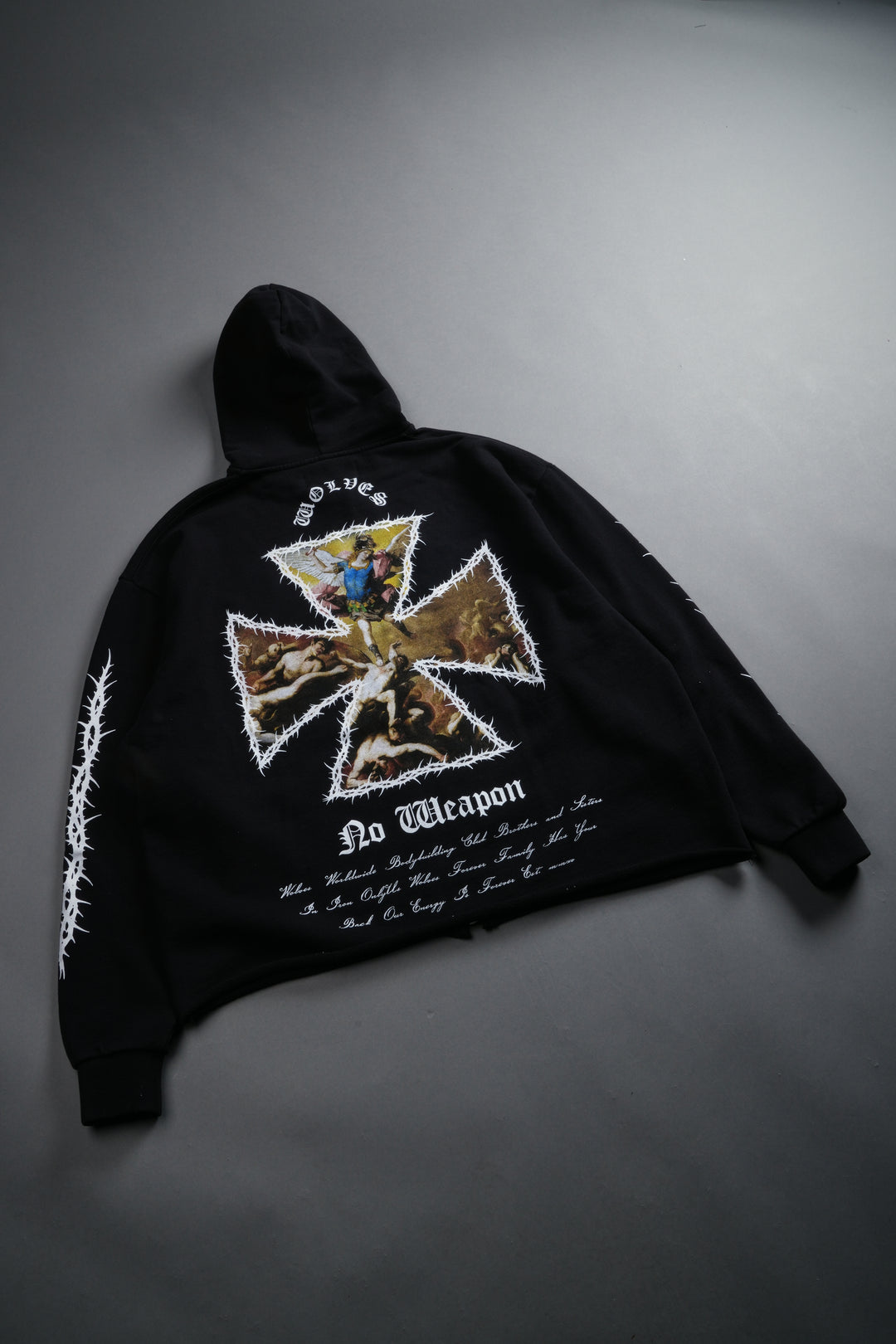 Ascend Distressed Grunge Mid Length Raw Hem Zip Hoodie in Black