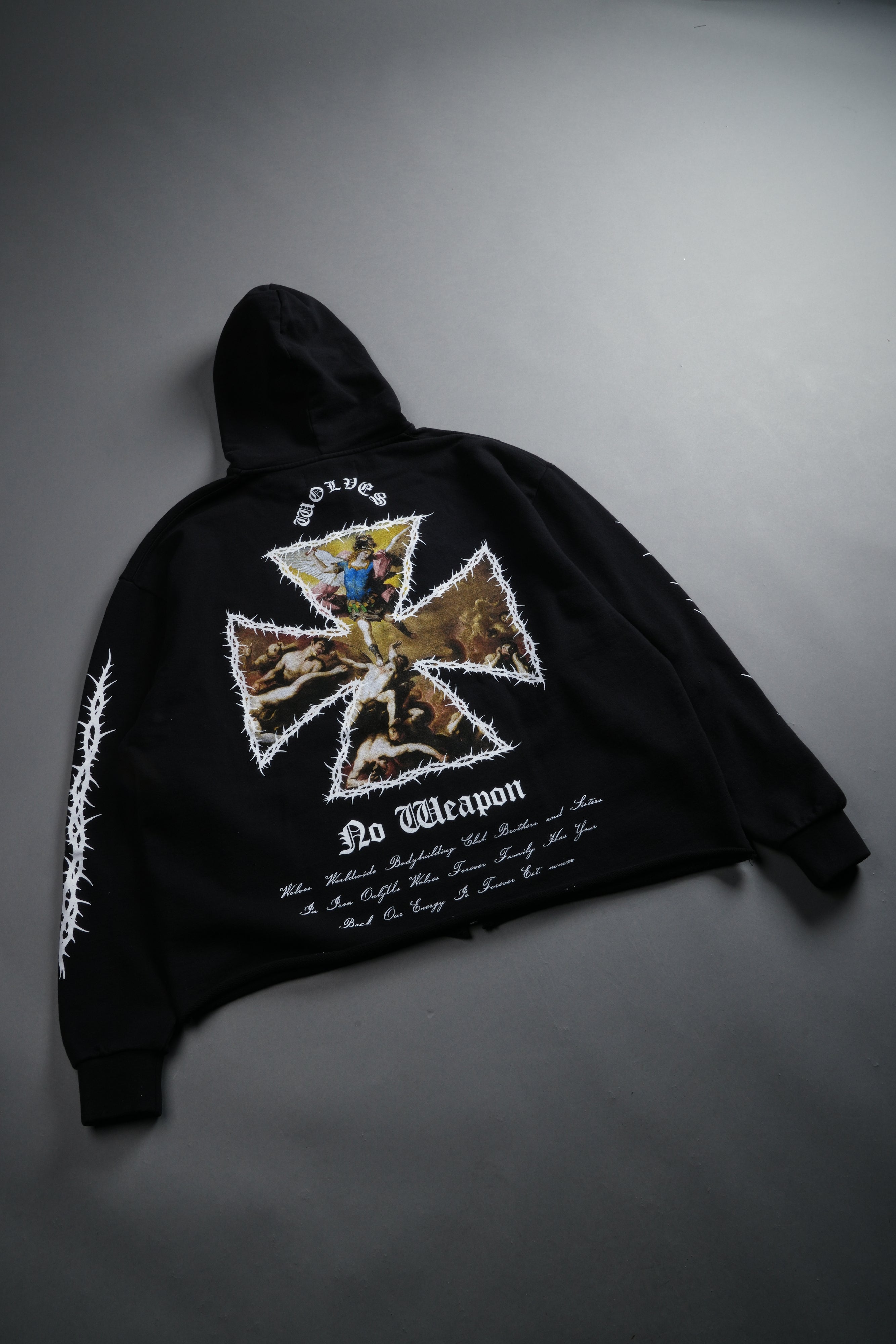 Ascend Distressed Grunge Mid Length Raw Hem Zip Hoodie in Black