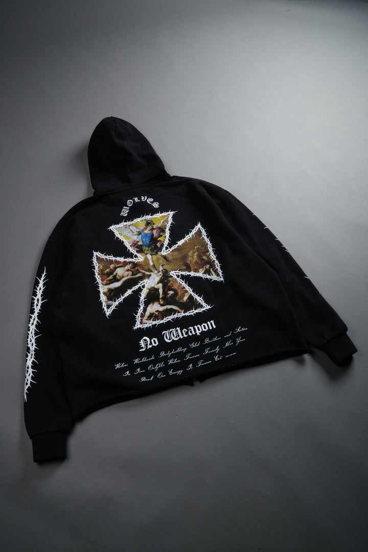 Ascend Distressed Grunge Mid Length Raw Hem Zip Hoodie in Black