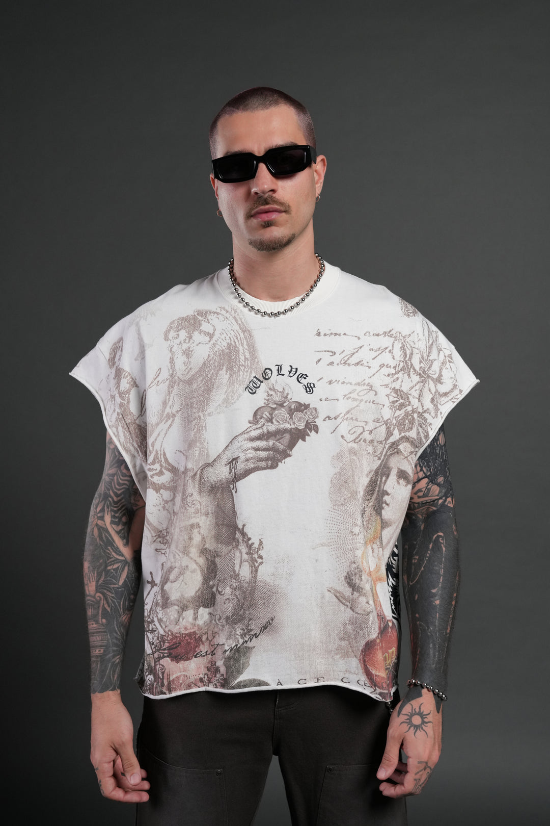 Heart of Thorns Distressed Grunge Cut-Off Mid-Length Raw Hem Tee in Cream