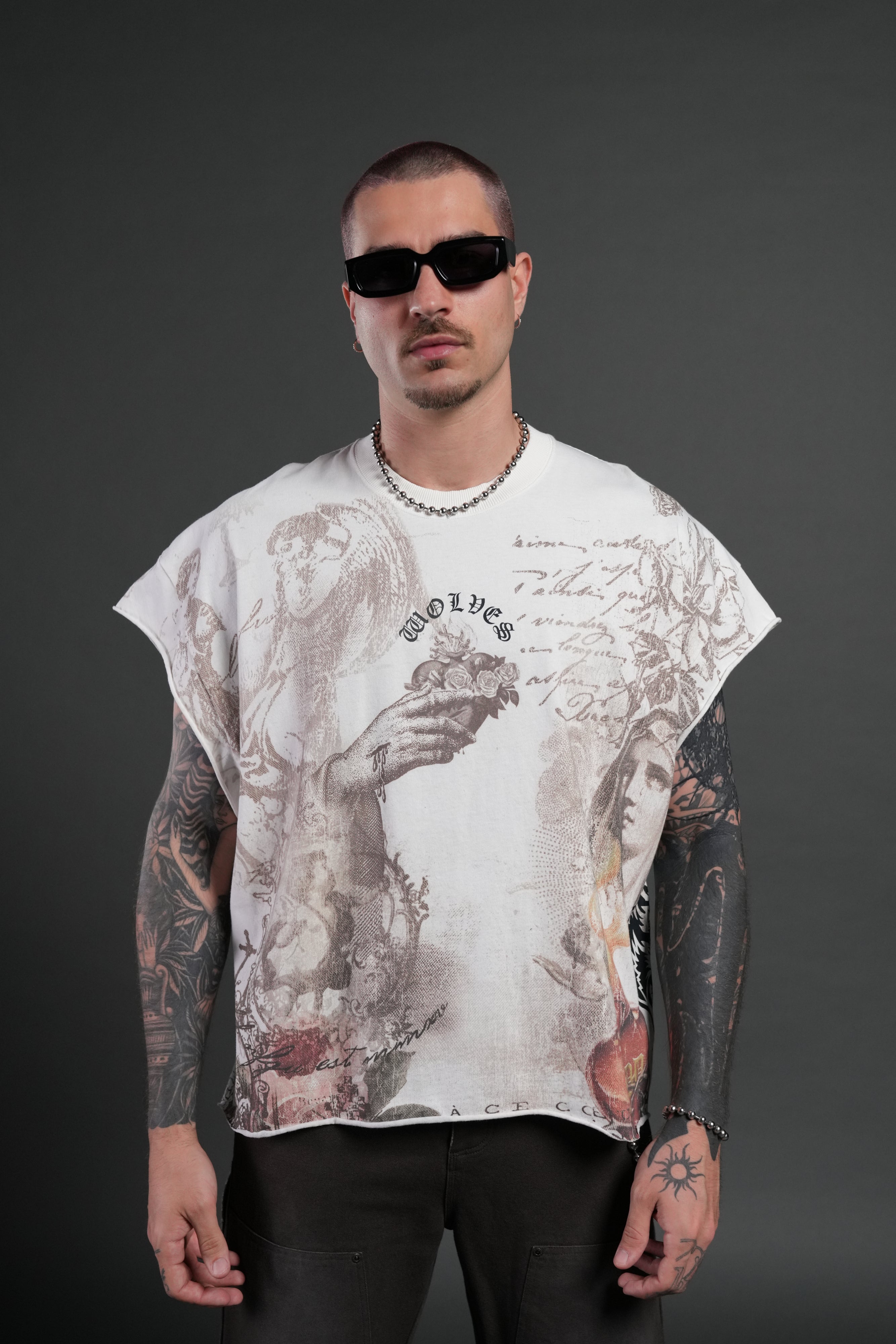 Heart of Thorns Distressed Grunge Cut-Off Mid-Length Raw Hem Tee in Cream
