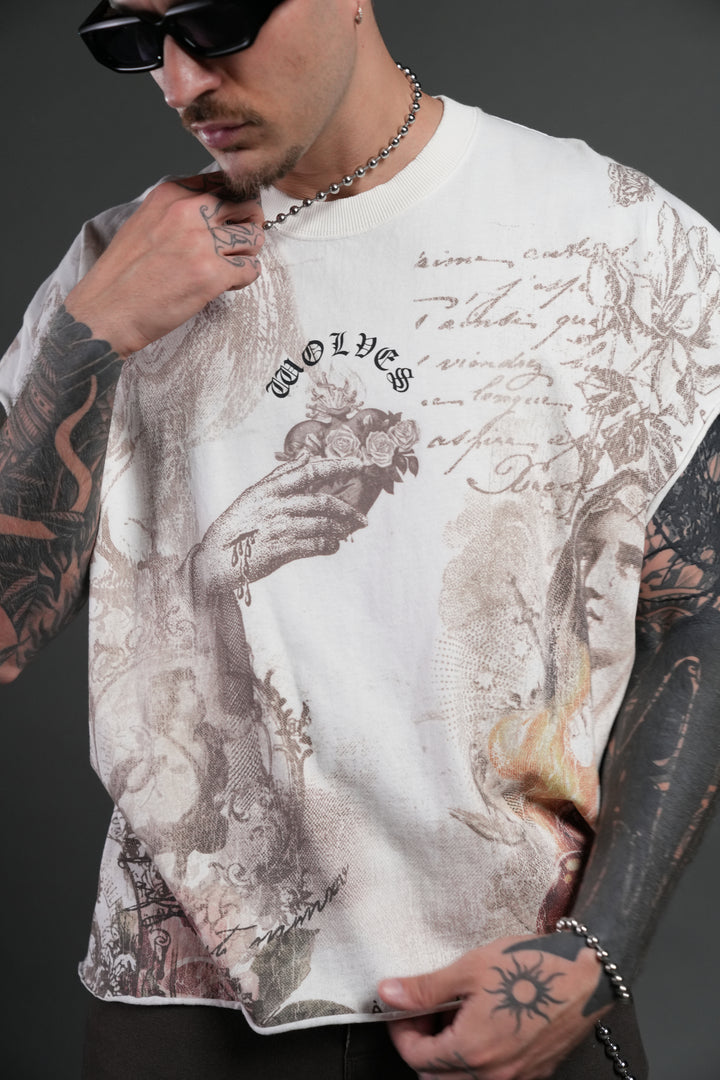 Heart of Thorns Distressed Grunge Cut-Off Mid-Length Raw Hem Tee in Cream