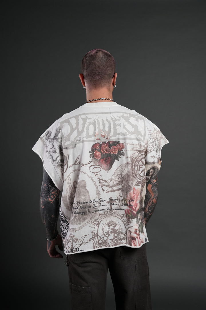 Heart of Thorns Distressed Grunge Cut-Off Mid-Length Raw Hem Tee in Cream