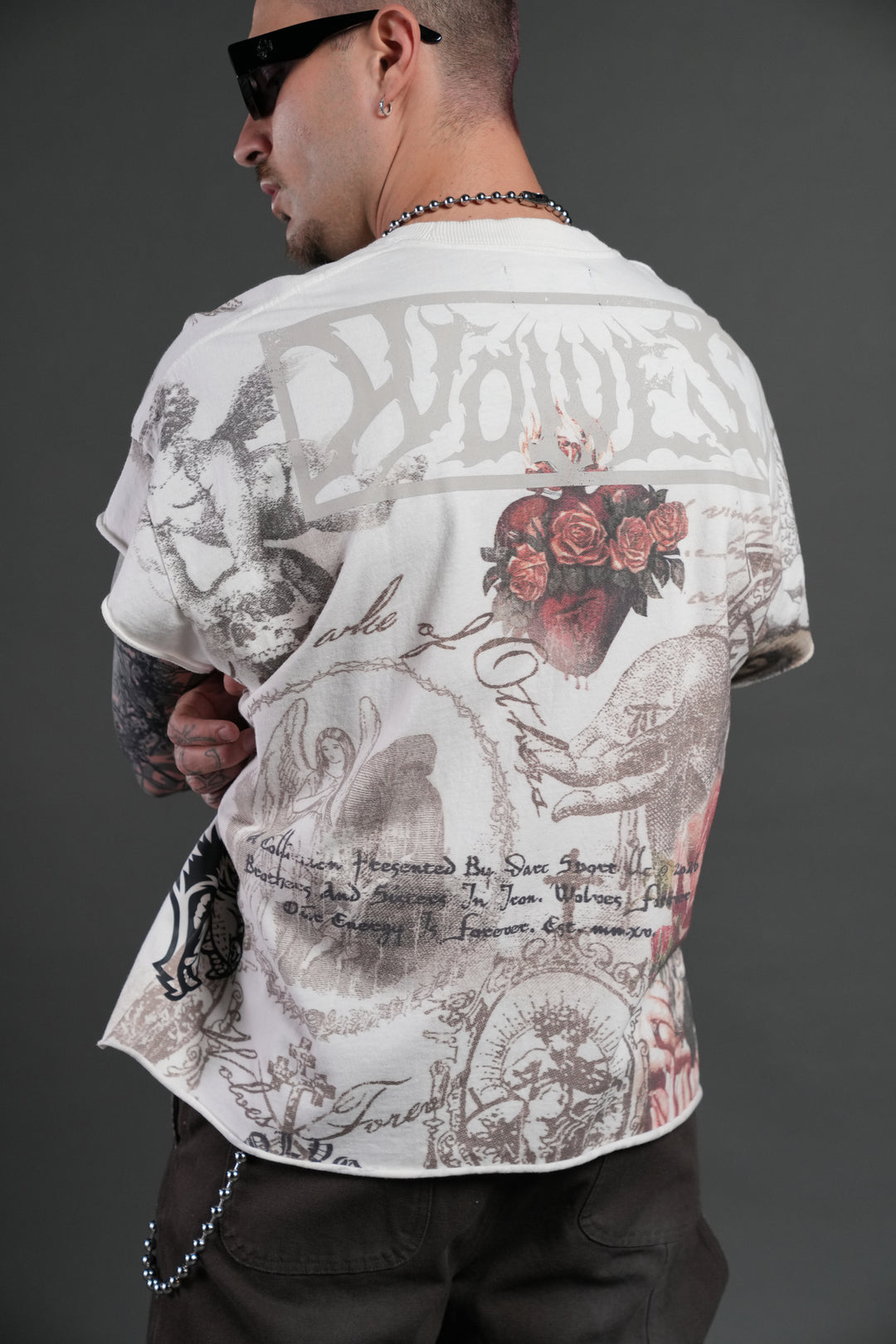 Heart of Thorns Distressed Grunge Cut-Off Mid-Length Raw Hem Tee in Cream